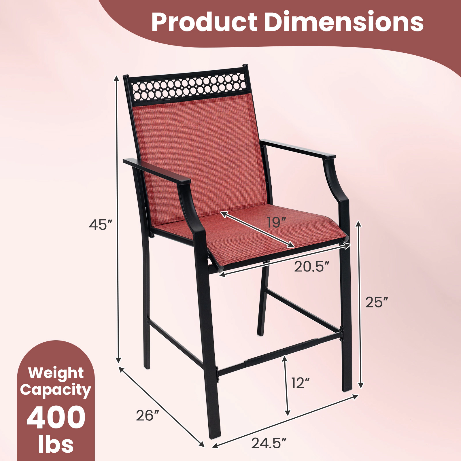 SUGIFT Outdoor Counter Bar Set of 2 Heavy-Duty Barstools with Footrest & Armrests 400-lb Capacity 45-in Tall 25-in Seat