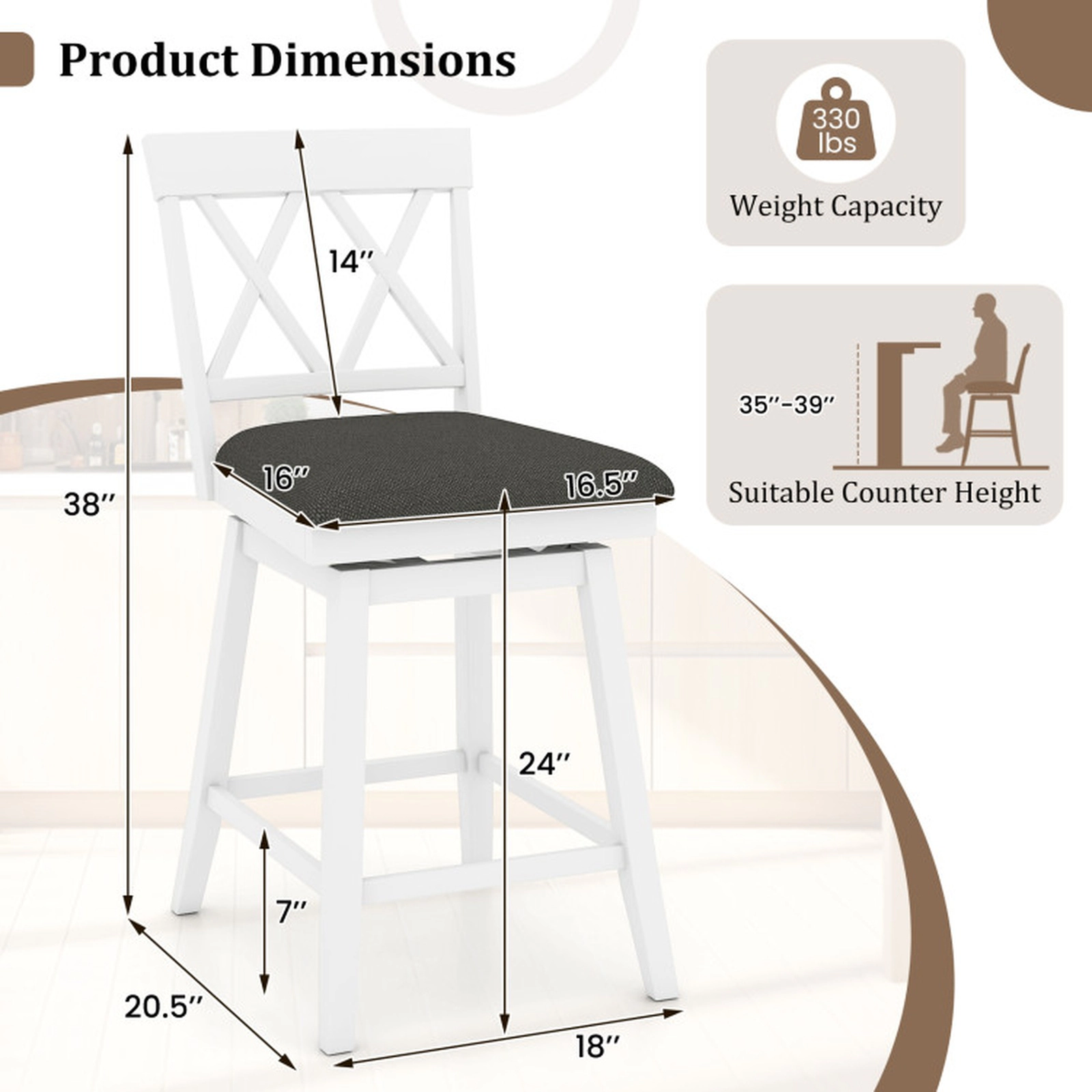 SUGIFT X-Back and Padded Cushion Set of 4 White 24 in Swivel Counter Height Bar Stools