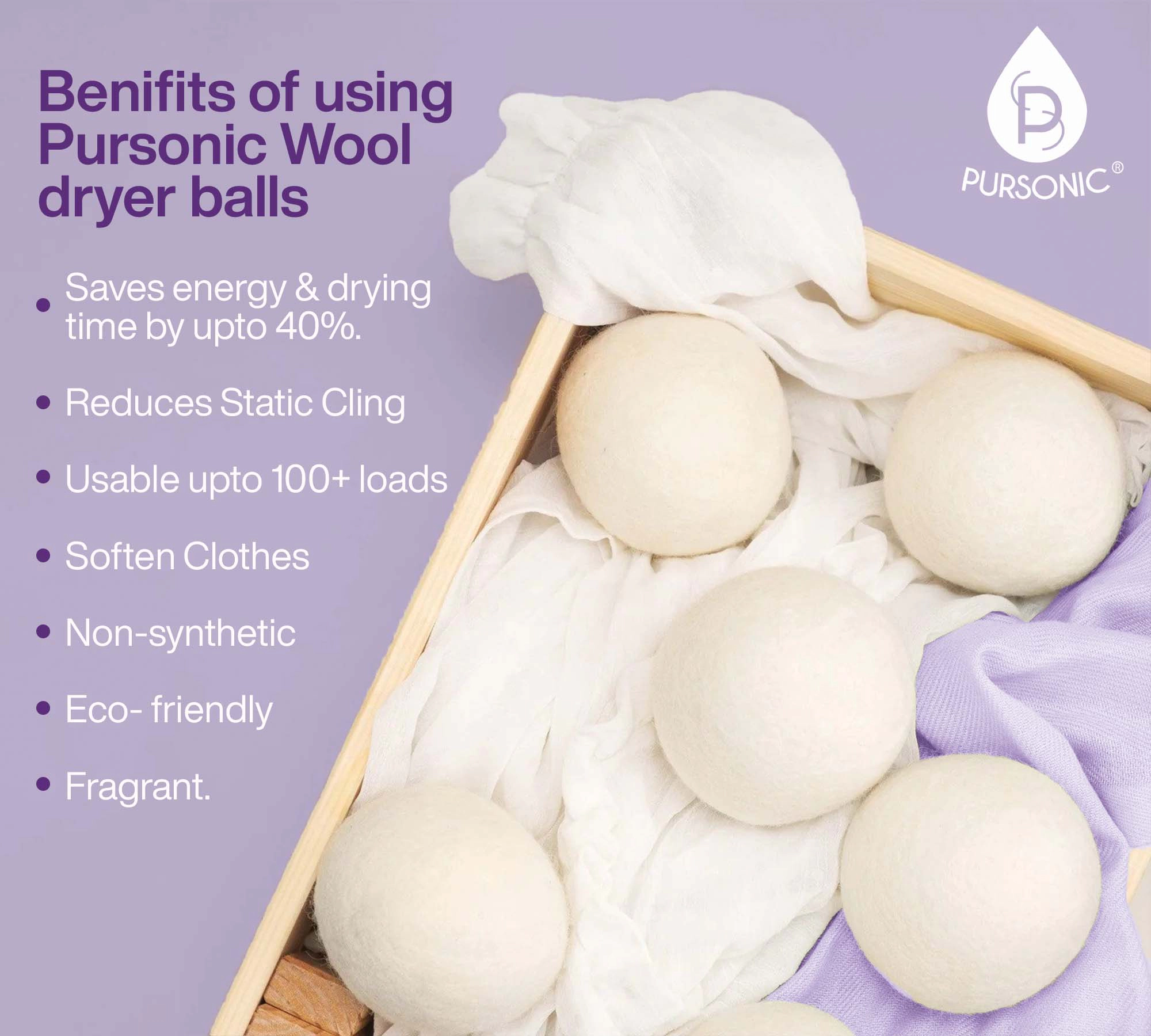 Pursonic Unisex Eco-Friendly Reusable Wool Dryer Balls with Lavender & Peppermint Oils