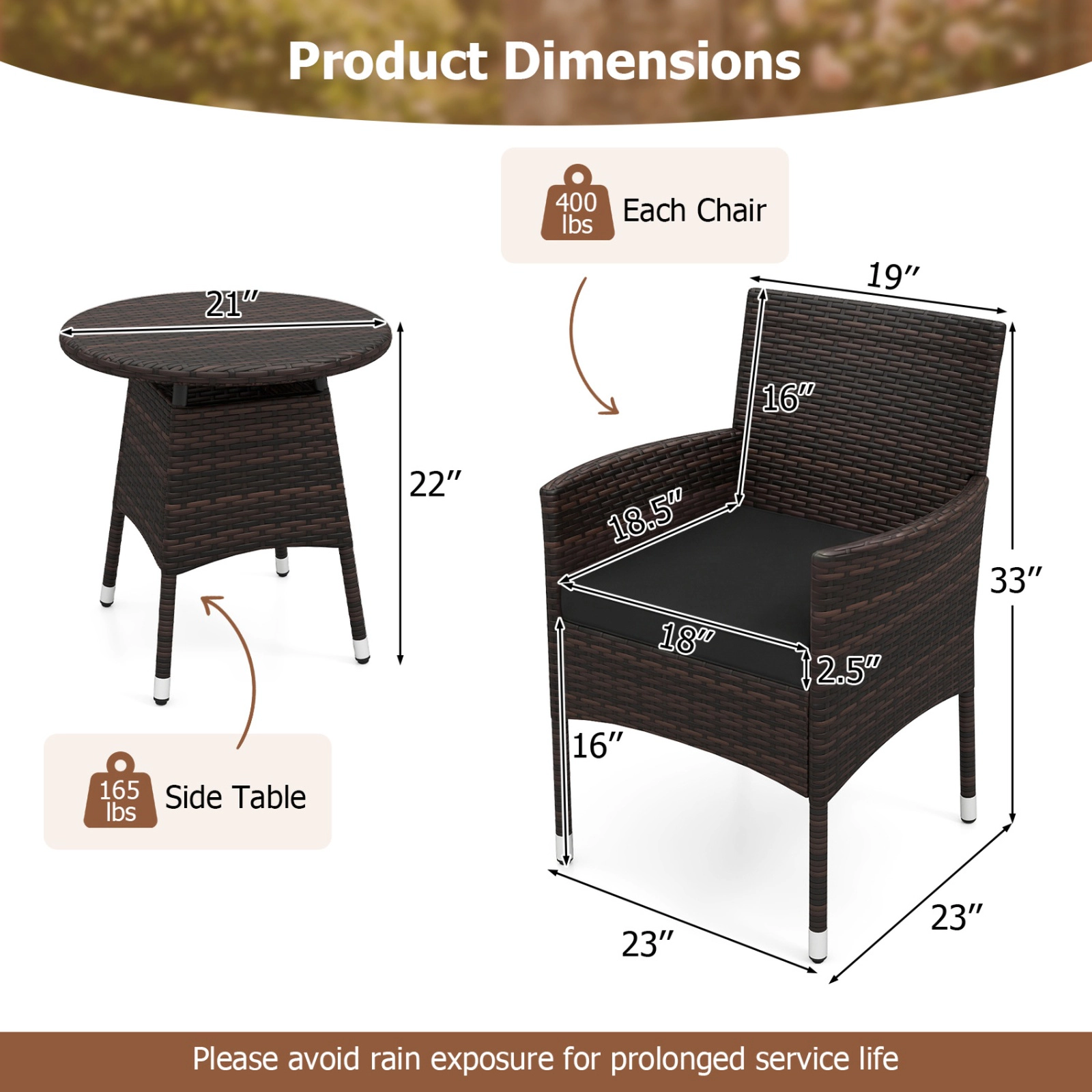 SUGIFT 3-Piece Mix Brown Rattan Outdoor Bistro Set with Reclined Lounge Chairs and Side Table