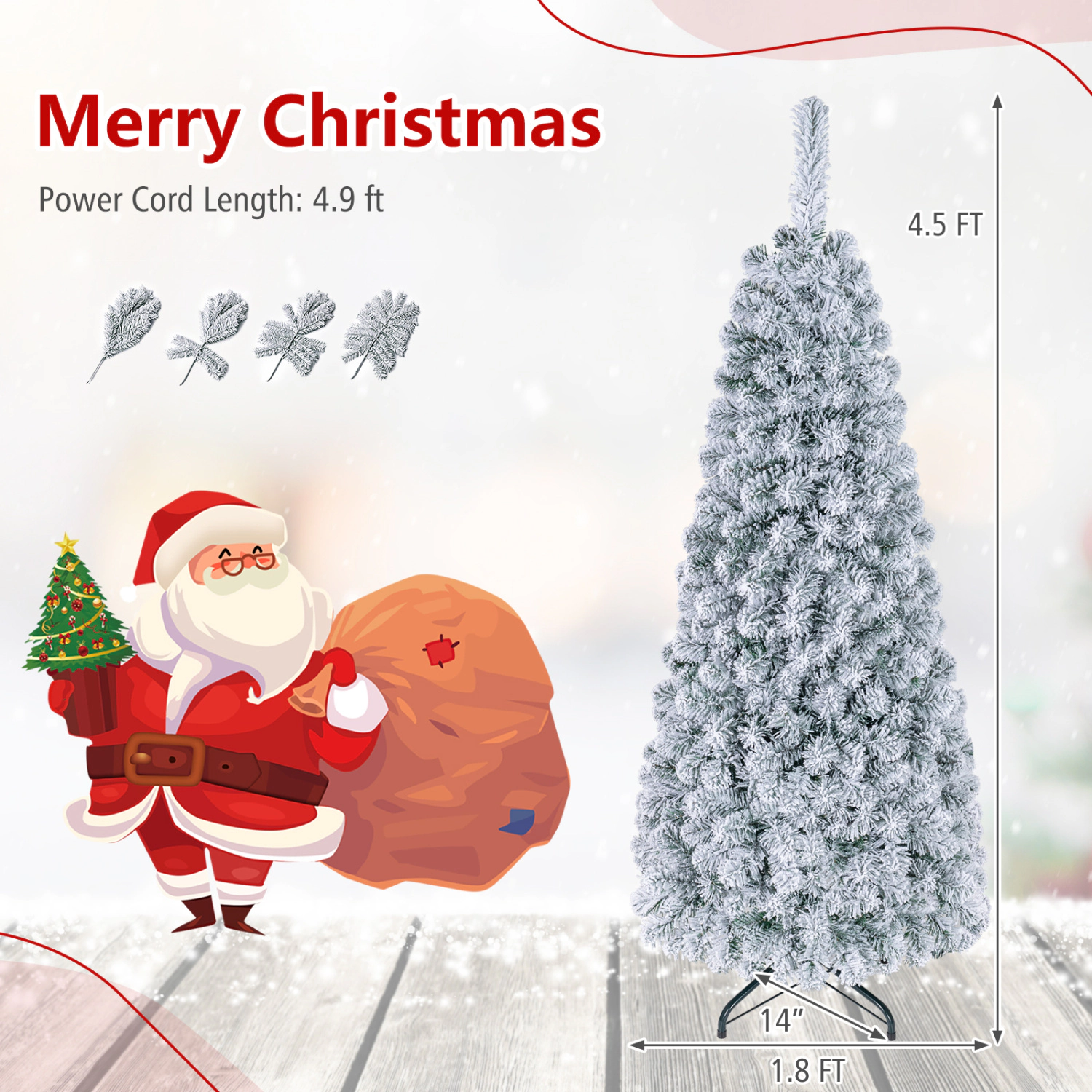 LJG 4.5 Feet Pre-Lit Snow Flocked Pencil Christmas Tree with 150 LED Light
