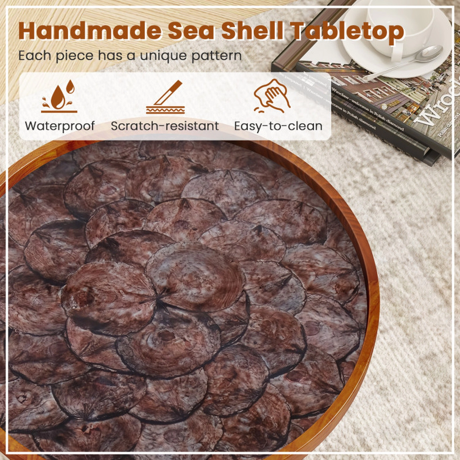 SUGIFT 16-in Round Sea Shell Accent End Table with Waterproof Epoxy Resin Tray Top and Teak Wood Surface