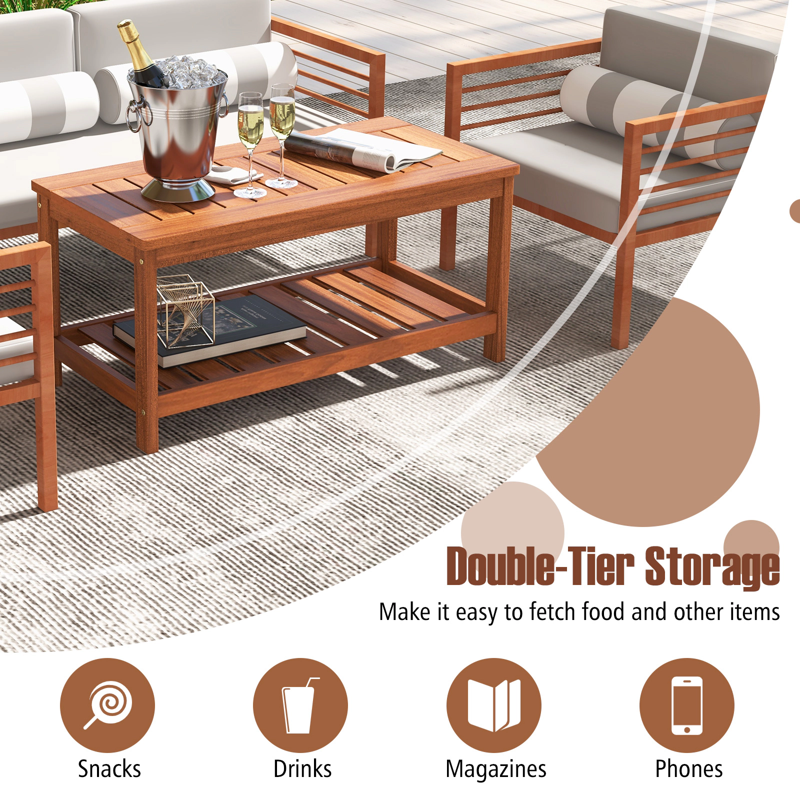 SUGIFT 2-Tier Patio Coffee Table Slatted Tabletop & Storage Shelf 110-lb Tabletop Capacity 55-lb Shelf Capacity Natural