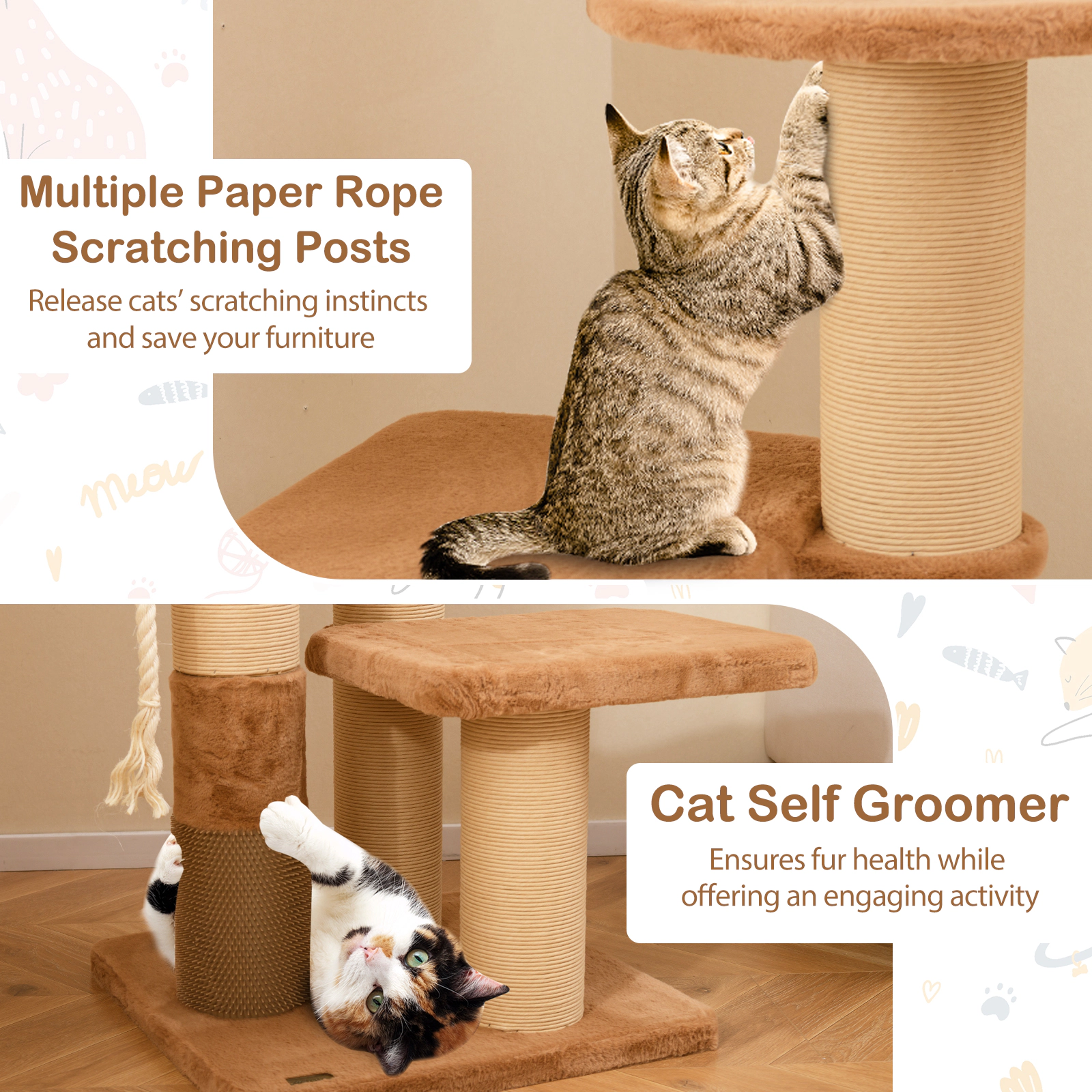 SUGIFT 65-in Tall Cat Tree with Self-groomer and Removable Cat Bed 33-lb Capacity Caramel and White