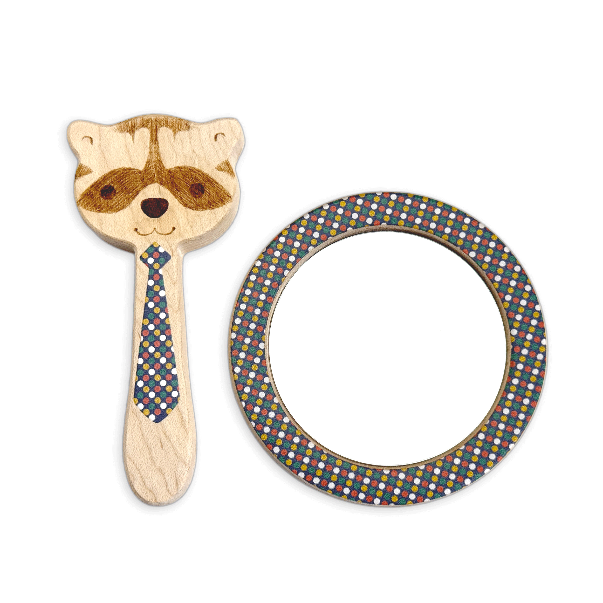Miller Boys Vintage Toys Maple Raccoon Rattle and Matching Mirror