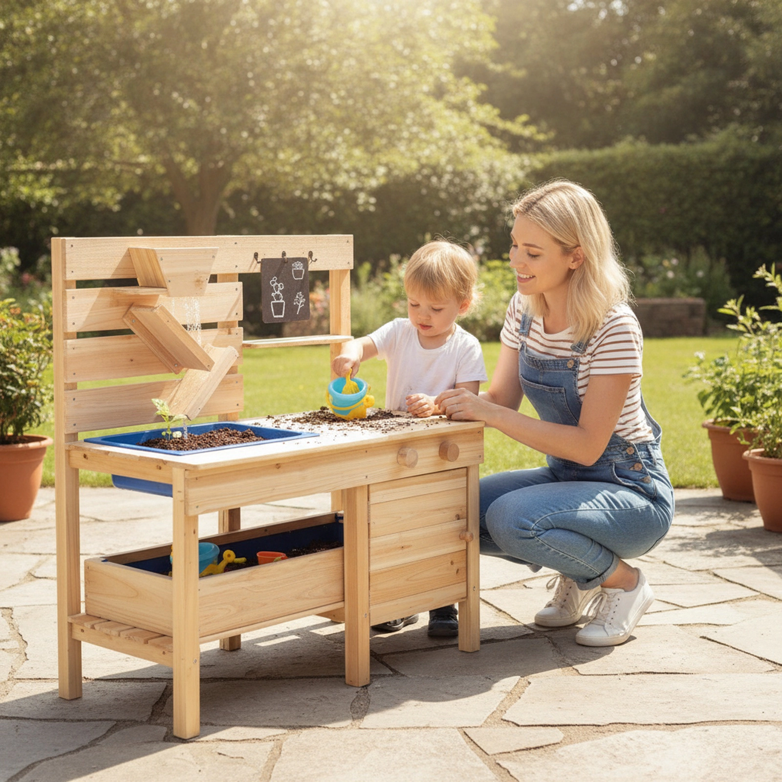 Outdoor Play Kitchen Detachable Sandbox Removable Sink Sand Funnel 31-in Fir Wood Mud Kitchen Ages 3-8 Natural