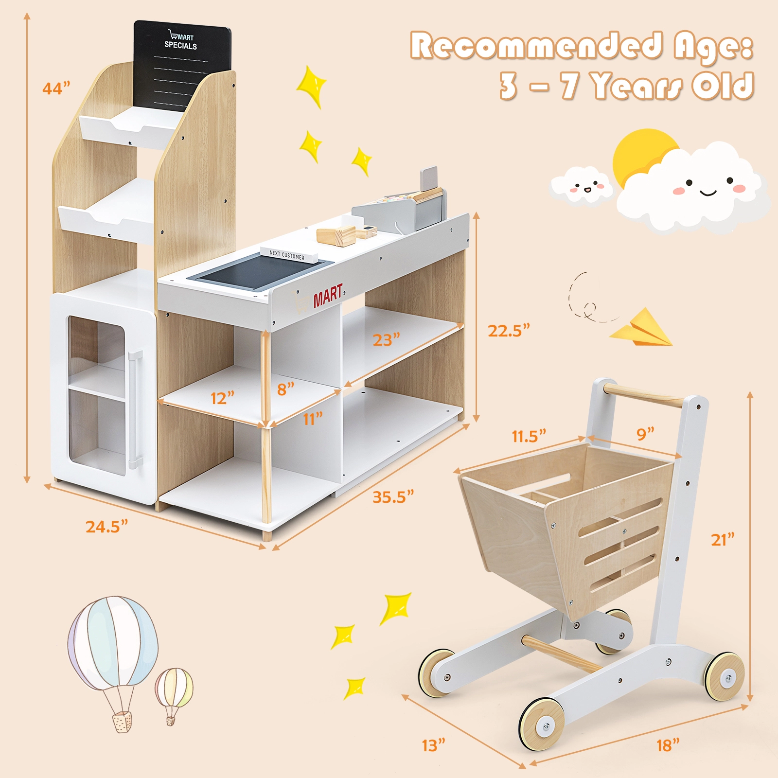 SUGIFT Grocery Store Playset Supermarket Checkout Counter with Cart Ages Over 3 Years Old Natural 21.5-in Countertop