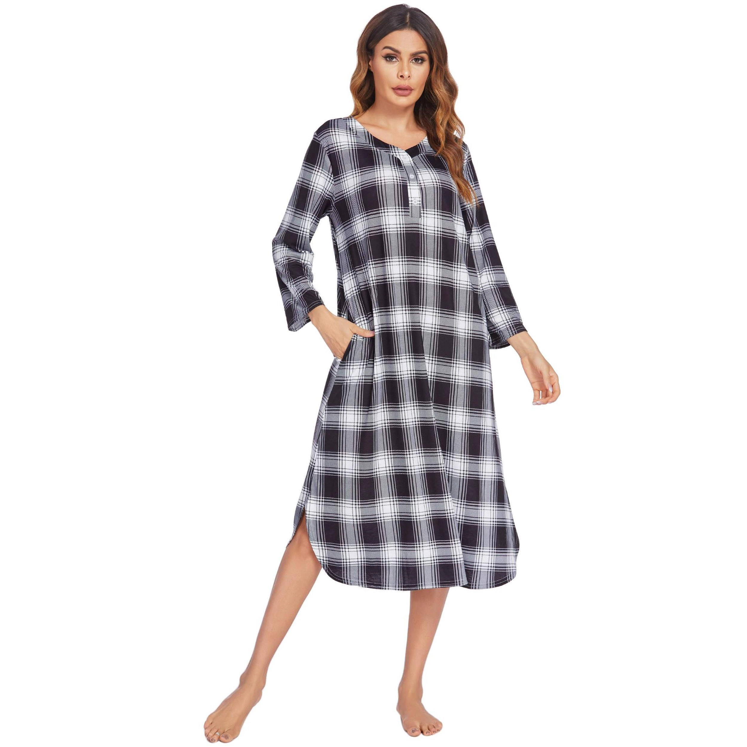 Ekouaer Womens Long Nightgowns Plaid Sleepwear Soft Loose Nightshirt 3/4 Sleeve