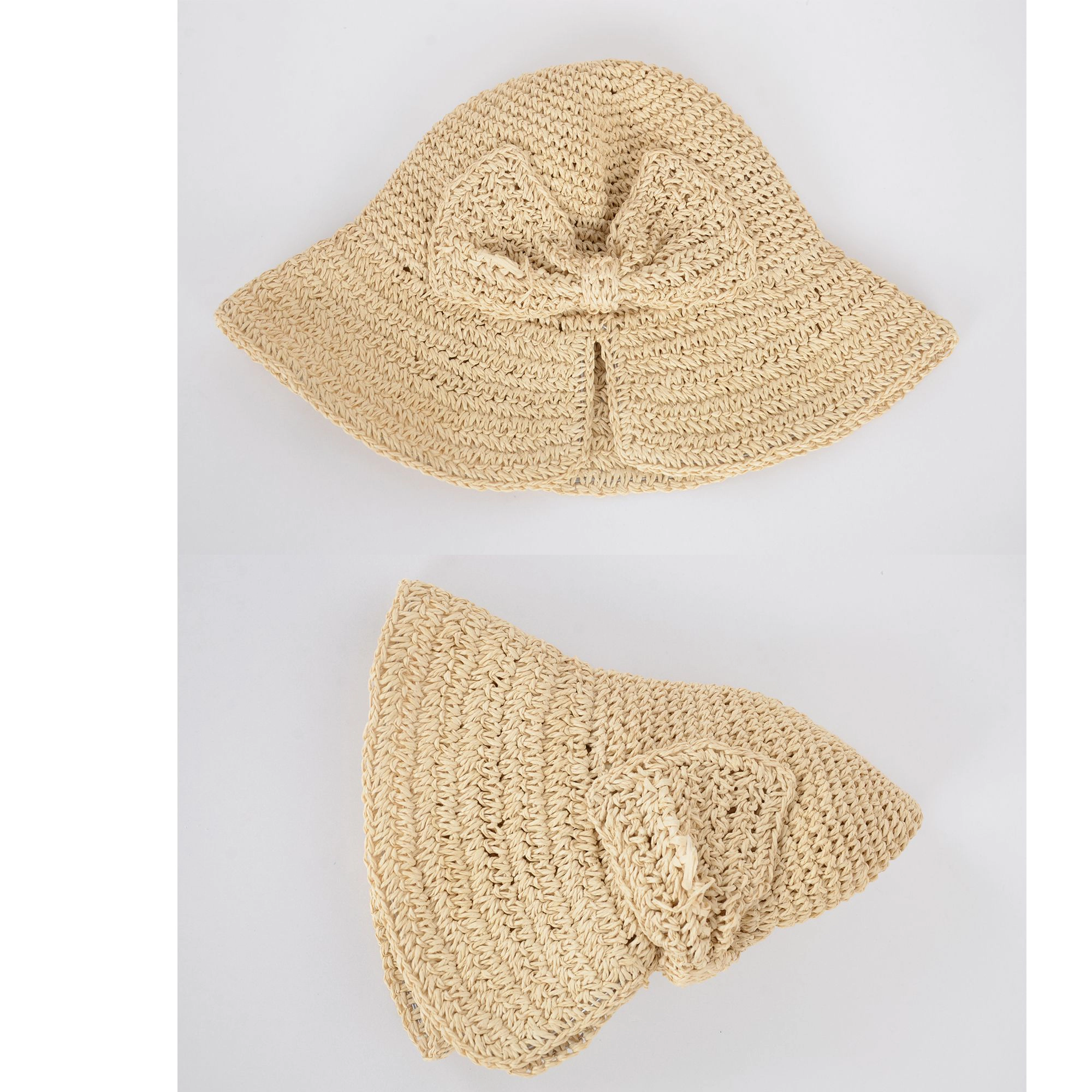 Anna-Kaci Women's Crochet Raffia Sun Hat with Wide Brim and Bow Detail Foldable Summer Beach