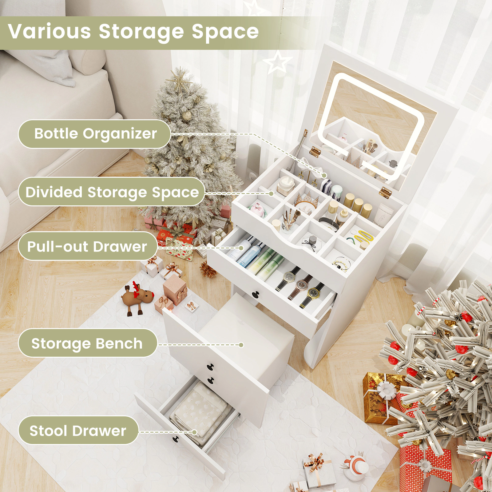 SUGIFT White 3-in-1 Vanity Set with Lighted Flip-Up Mirror, Stool and Locking Casters