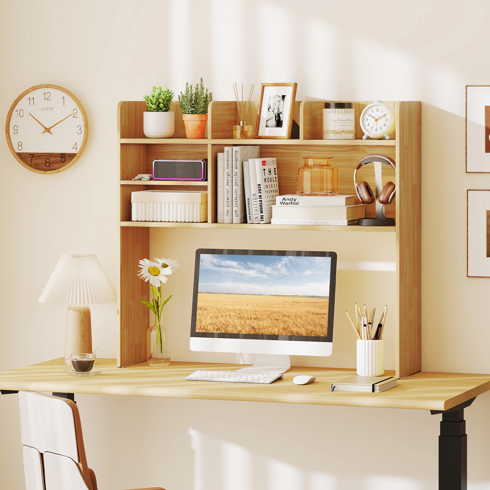 SUGIFT Desktop Bookshelf Countertop Storage Hutch 6 Shelves 66-lb Top Tier Capacity 55-lb Bottom Tier Capacity Beige