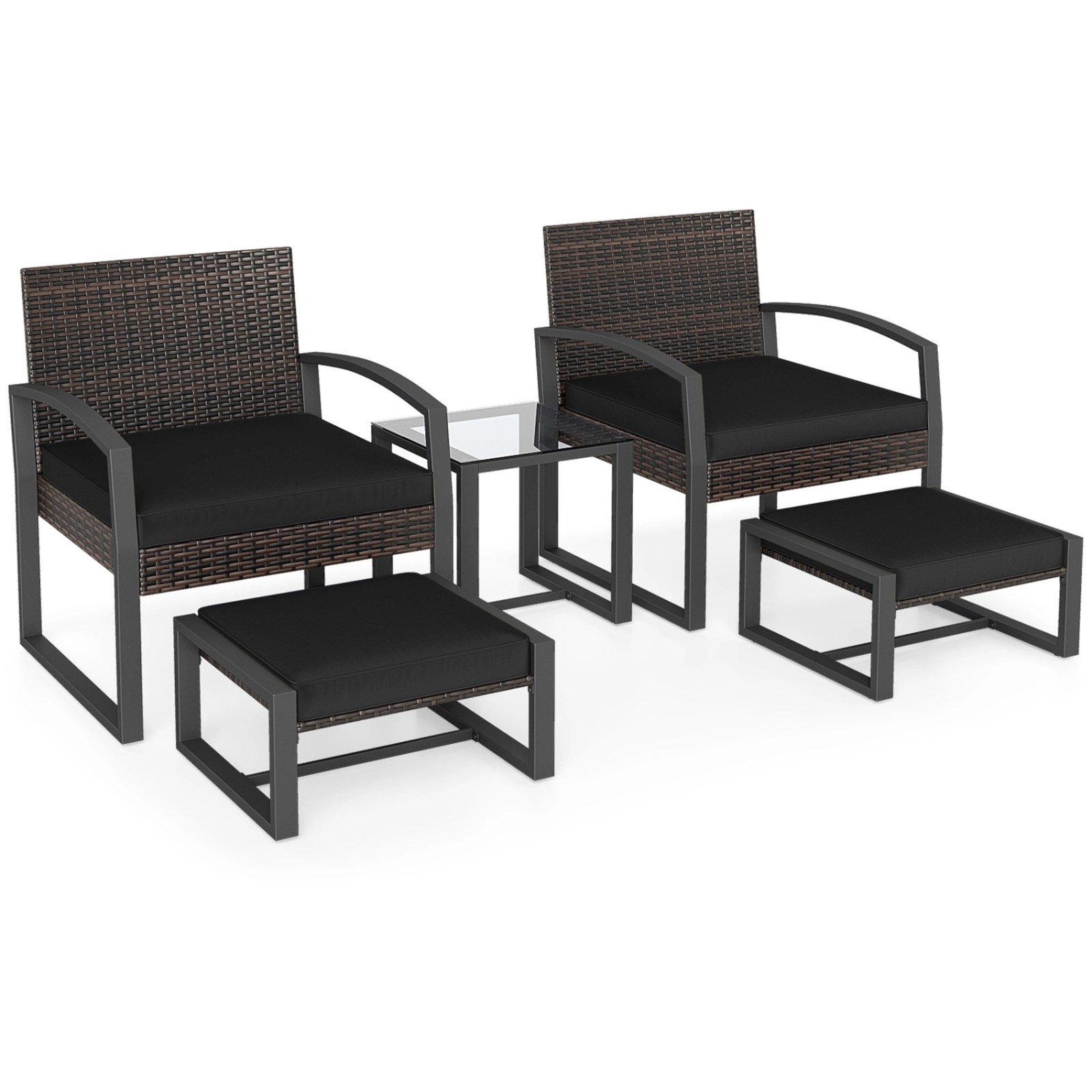 SUGIFT 5-Piece Black Rattan Patio Conversation Set with 2 Cushioned Chairs, 2 Ottomans and Glass Side Table