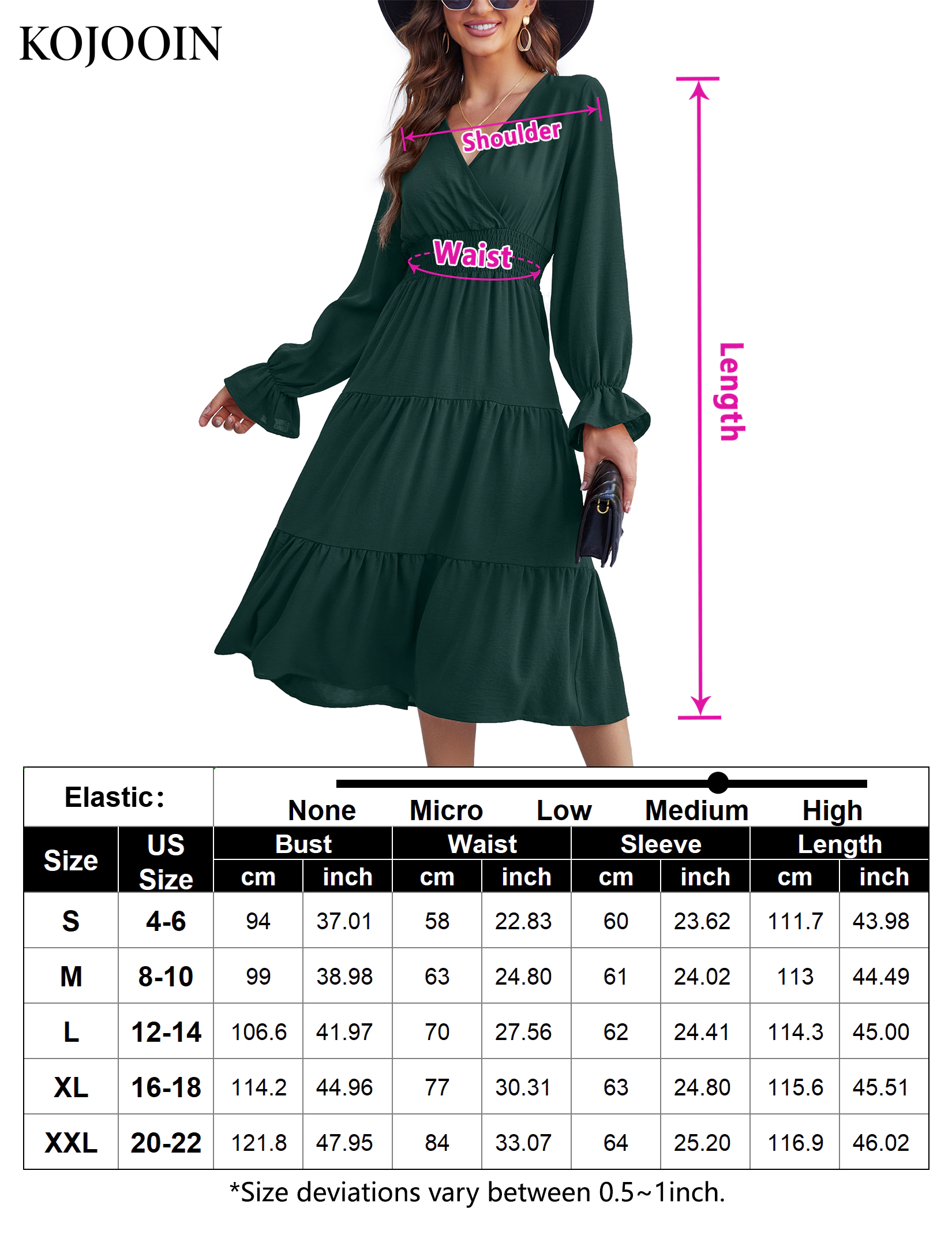 KOJOOIN Women V Neck Wrap Midi Dress Long Sleeve Tiered Ruffle Dresses Smocked Flowy Wedding Guest