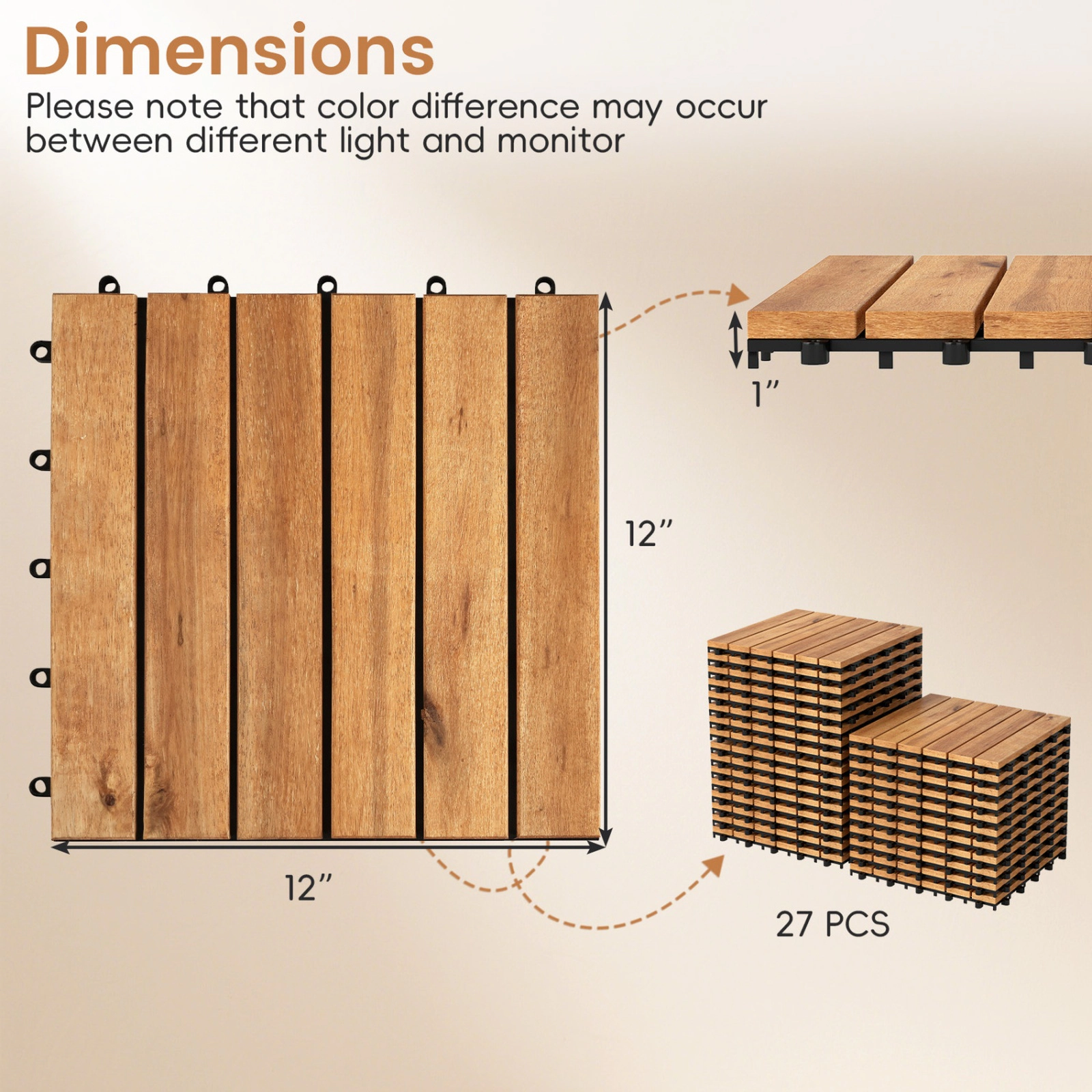 SUGIFT Natural 27-Piece Acacia Wood Deck Tiles with Raised Drainage Base 12-in W 12-in D 500-lb Tile Capacity