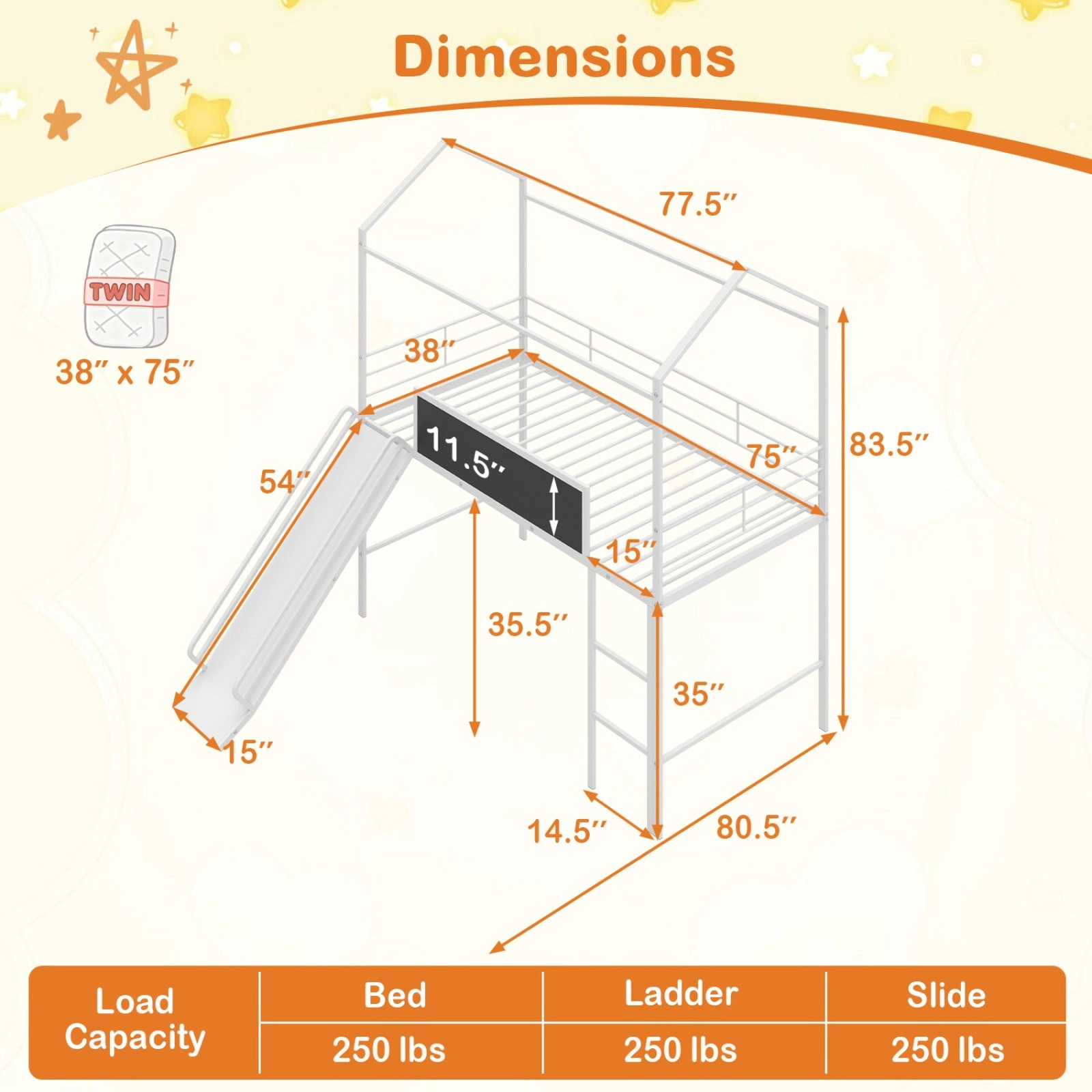 SUGIFT House-Shaped Kids Twin Loft Toddler Bed with Slide, Ladder and Chalkboard 250-lb Capacity Black/White