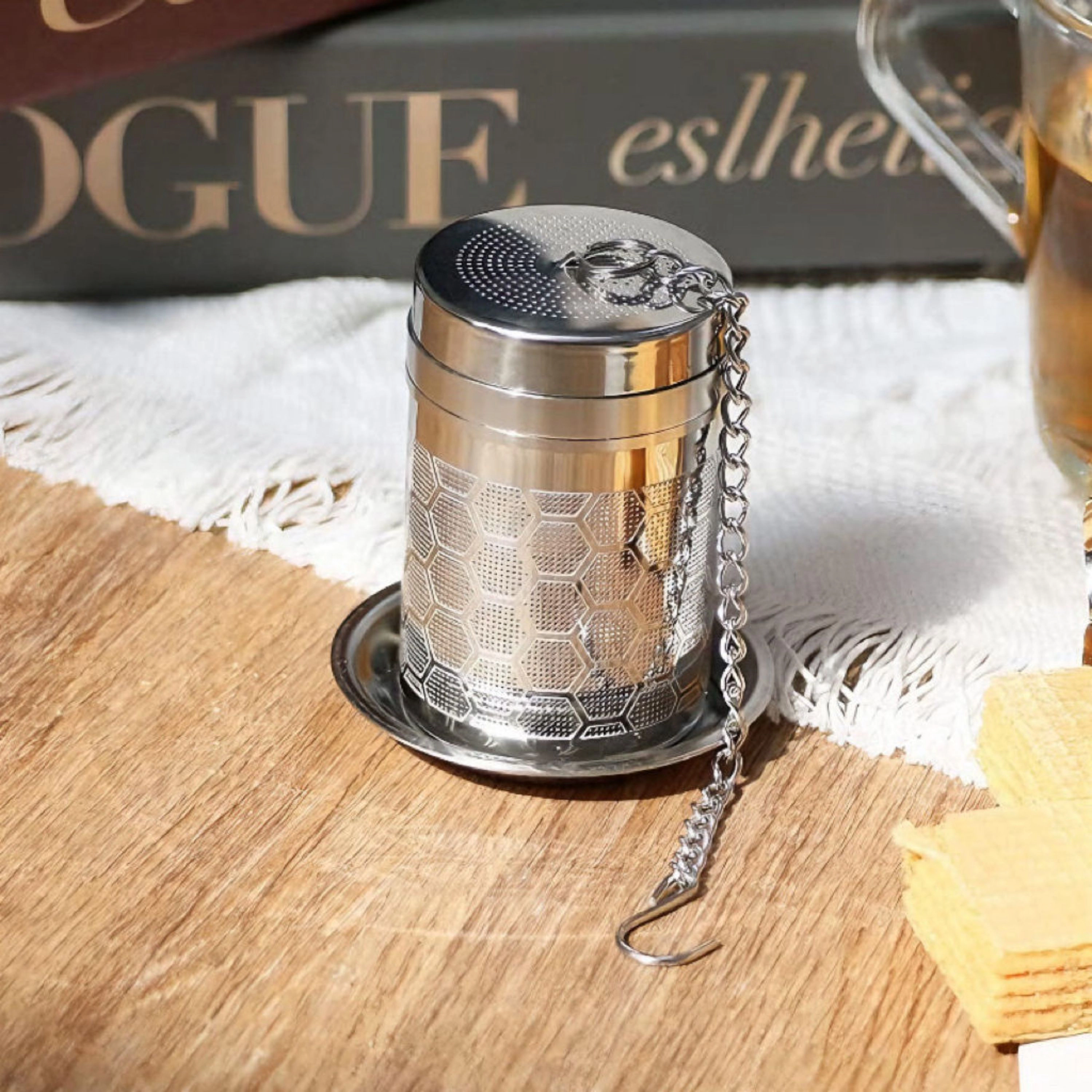 Kitcheniva Stainless Steel Fine Mesh Tea Infuser With Chain & Drip Tray