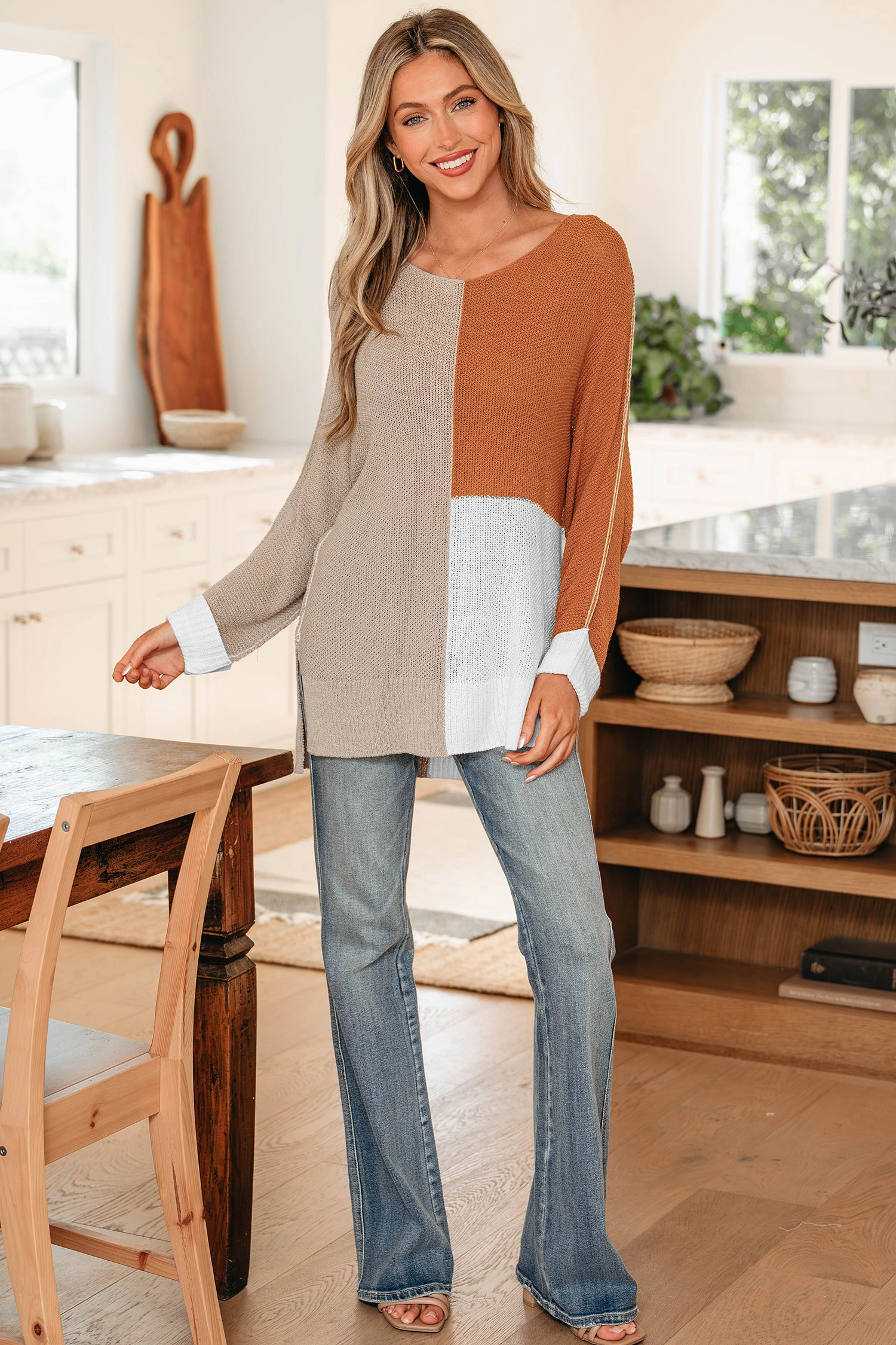 Threaded Pear Women's Zendaya Block Knit Loose Sweater
