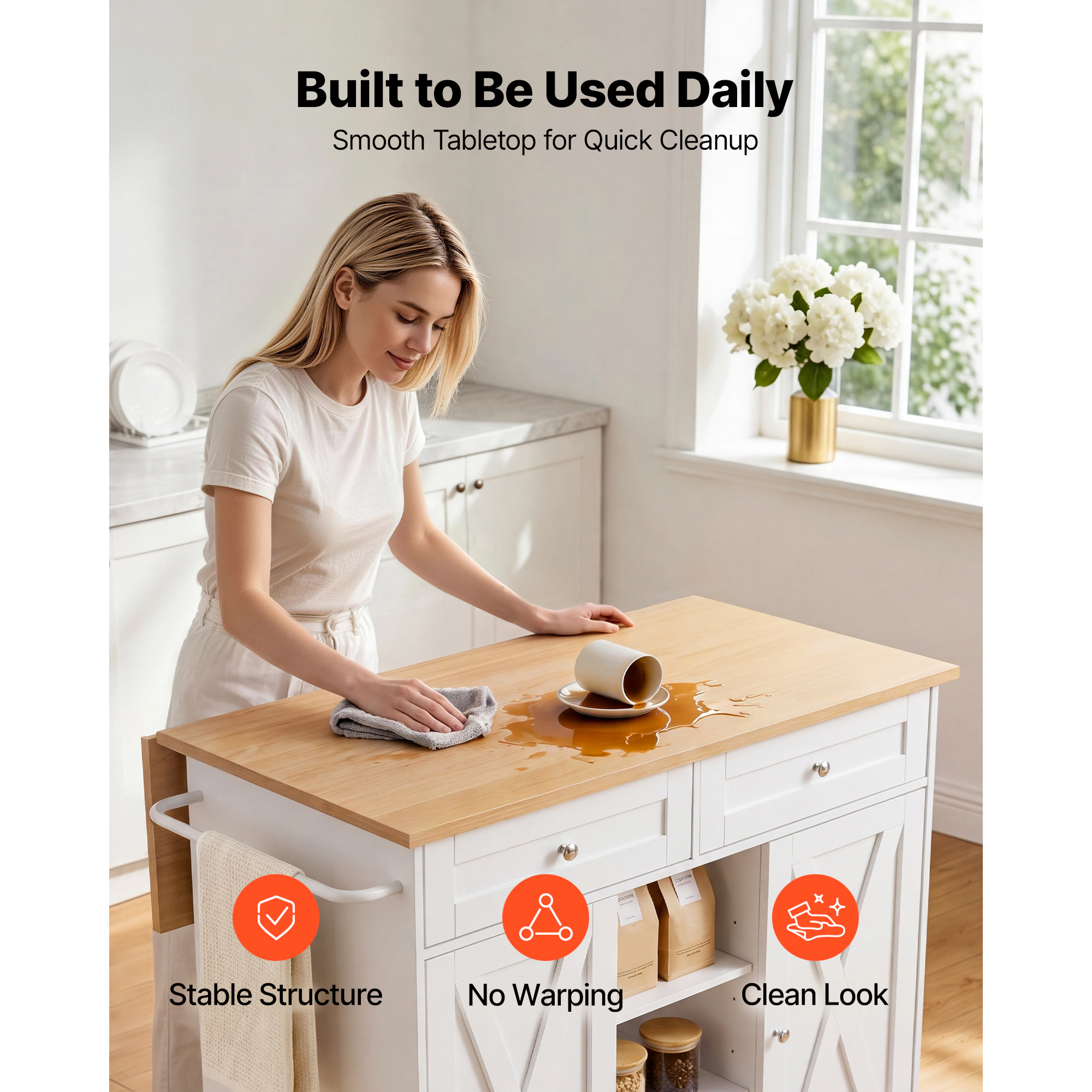 HONGGE Kitchen Island Cart with Storage Mobile Rolling Storage Island on Swivel Wheels with 2 Drawers Storage Cabinet