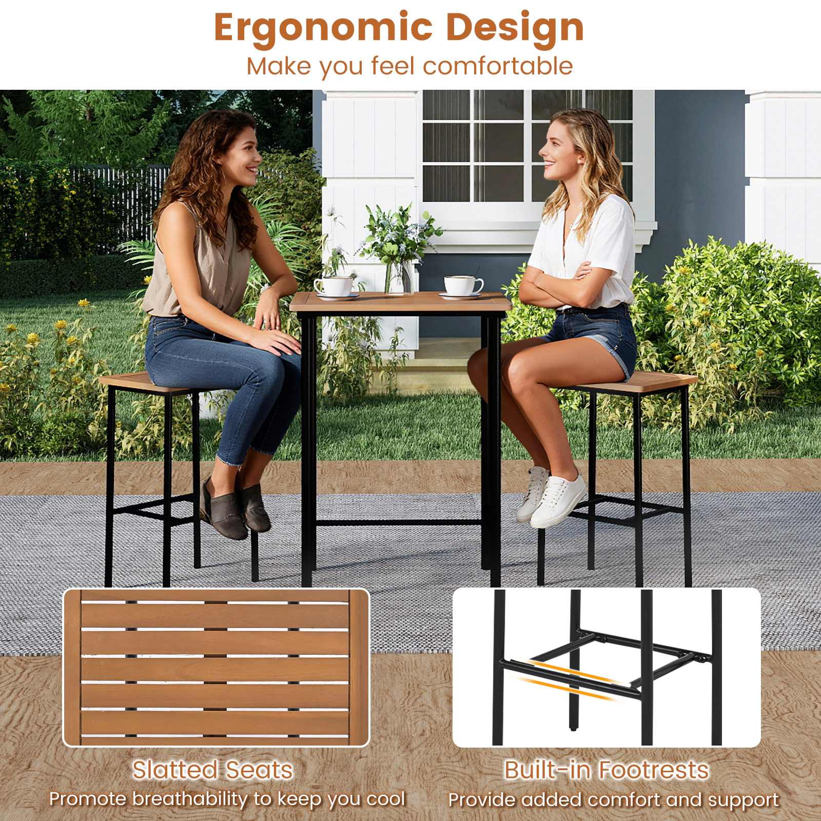 SUGIFT 3 Piece Acacia Wood Patio Bar Set Natural with Rectangular Table and 2 Stools