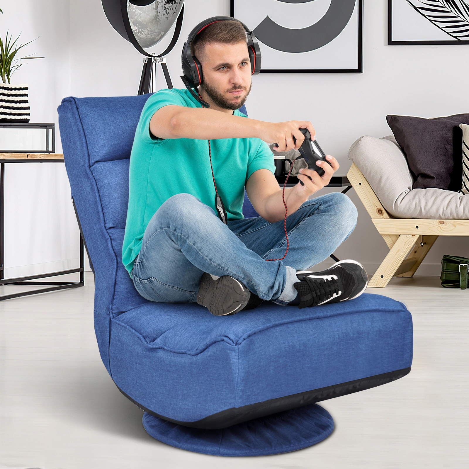SUGIFT 5-Position 360-Degree Swivel Padded Folding Floor Gaming Chair 23-in x 29.5-in x 32.5-in 300-lb Capacity Navy