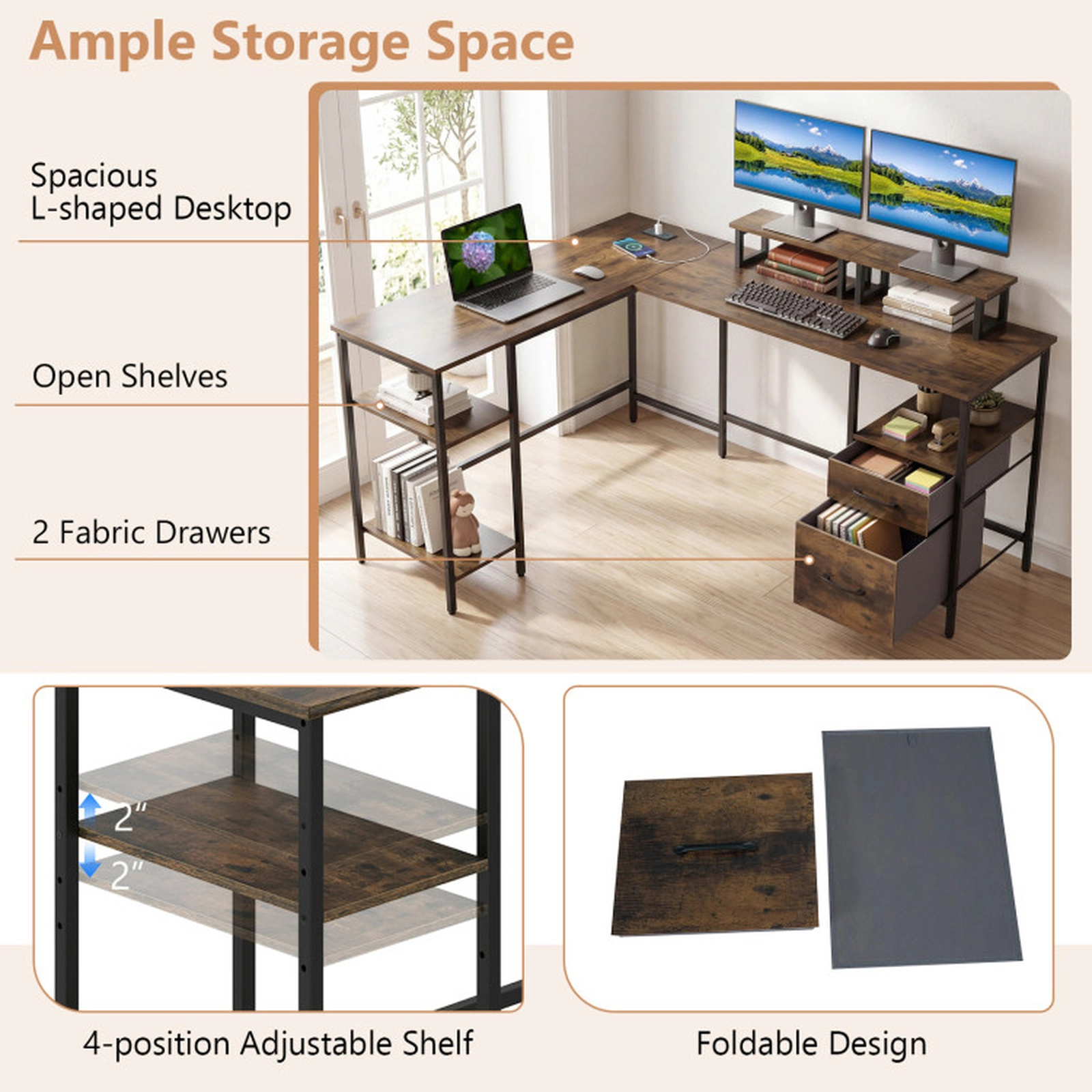 SUGIFT 155-lb Capacity Rustic Brown Reversible L-Shaped Desk with 2 Fabric Drawers and Monitor Stands