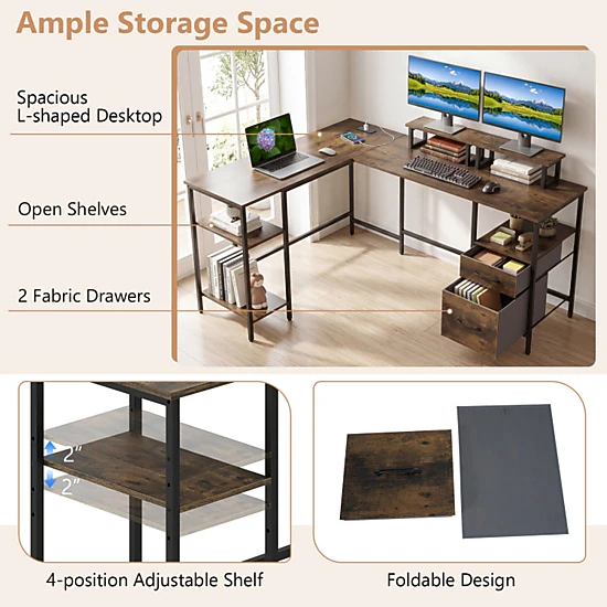 初心者OK☆Office☆15.6インチ☆IPS液晶 SUGIFT 155-lb Capacity Rustic Brown Reversible L-Shaped Desk with