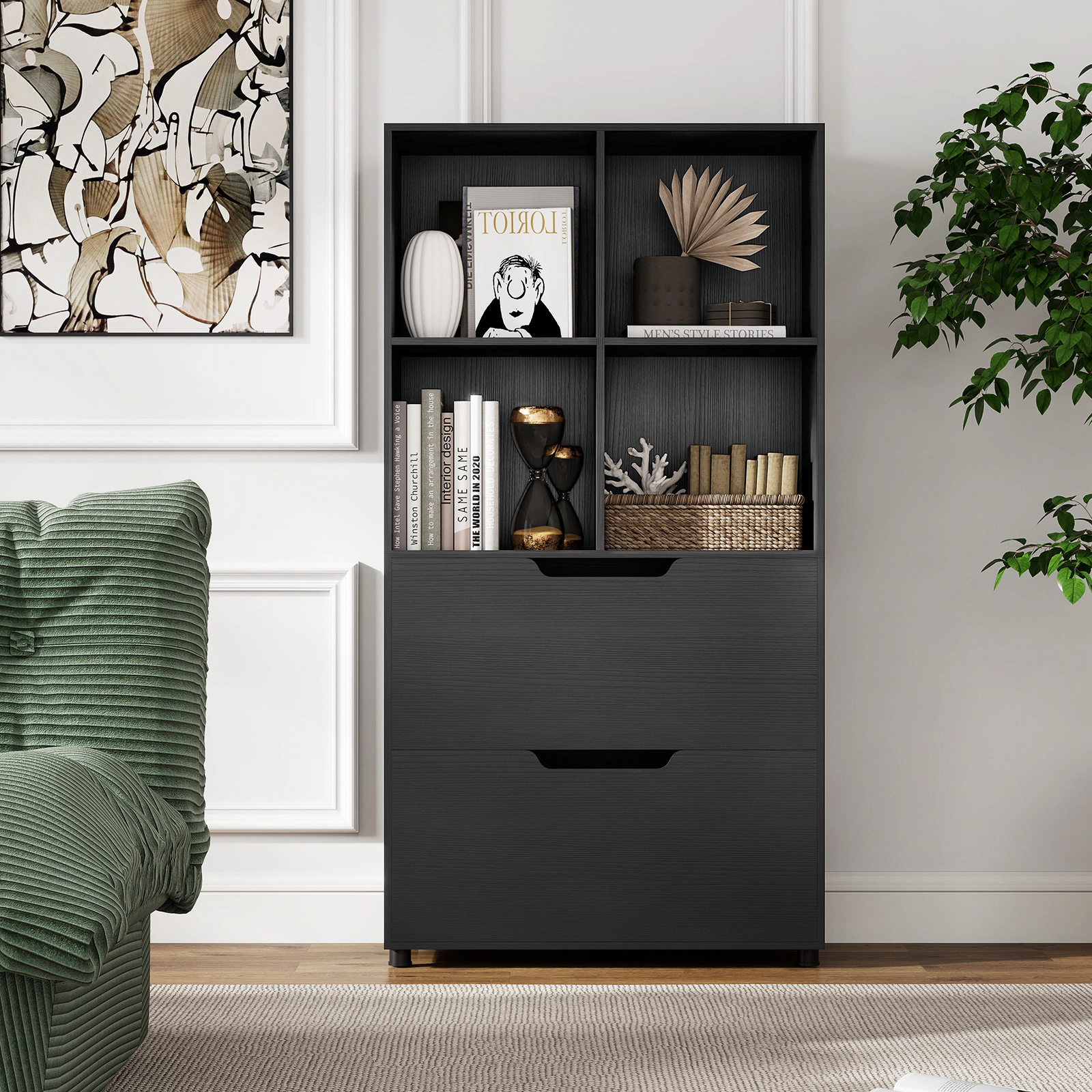 Costway 2 PCS 4-Cube Bookcase with Drawers, Tall Freestanding Bookshelf for Living Room Gray