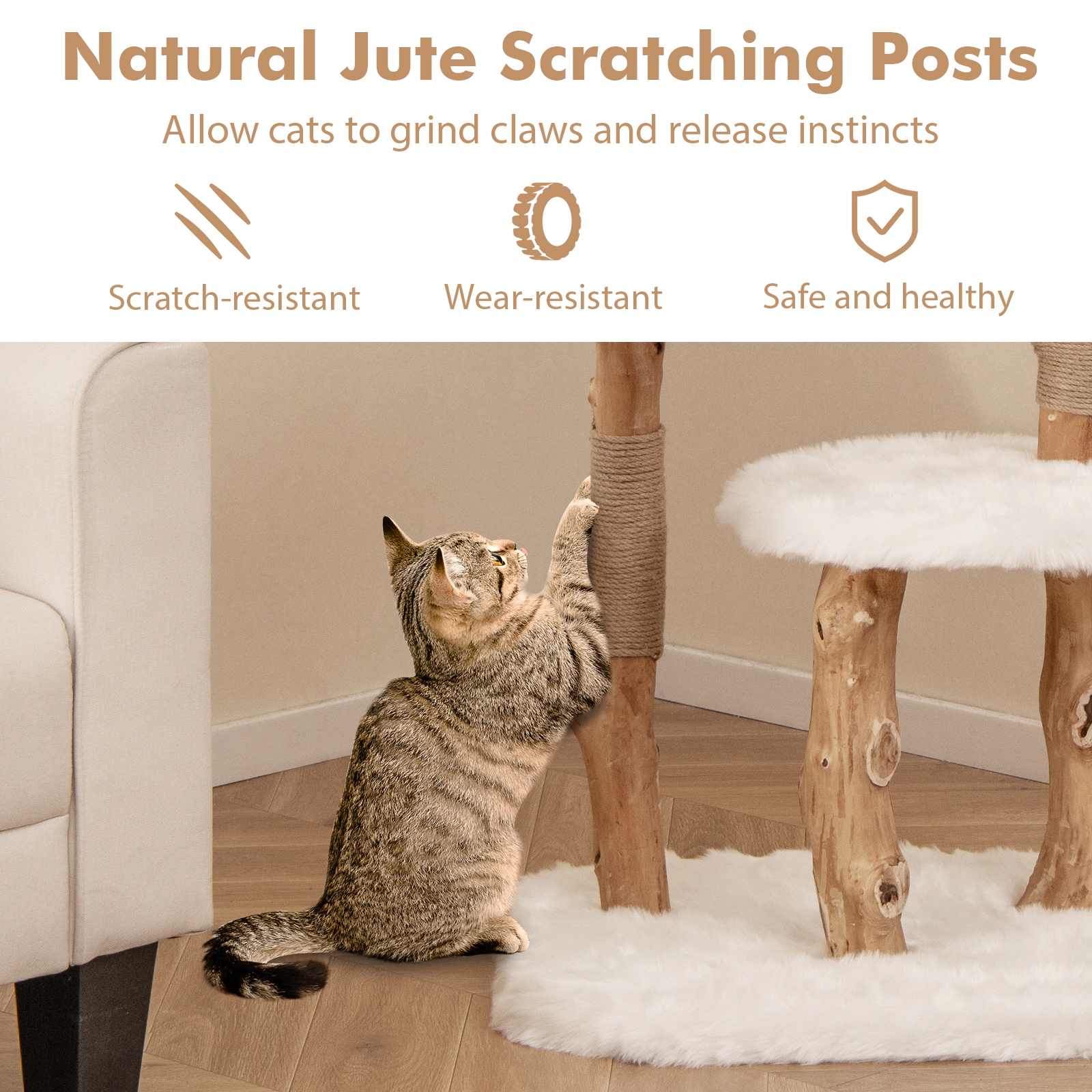 SUGIFT 44-in Solid Wood Cat Tree with Top Perch and Natural Jute Scratching Posts 33-lb Capacity Natural+White