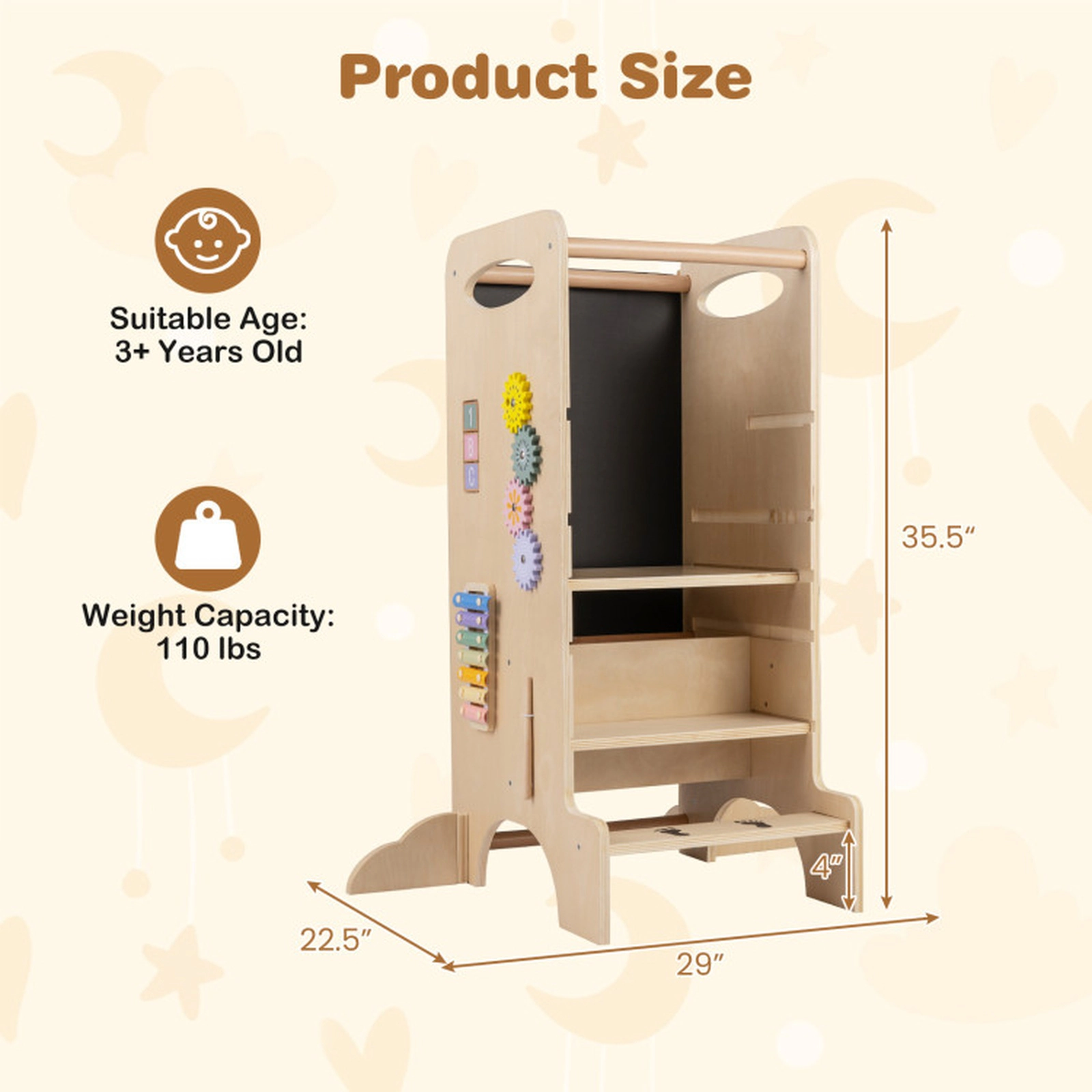 SUGIFT Kids Standing Tower Natural with Detachable Chalkboard and Montessori Games