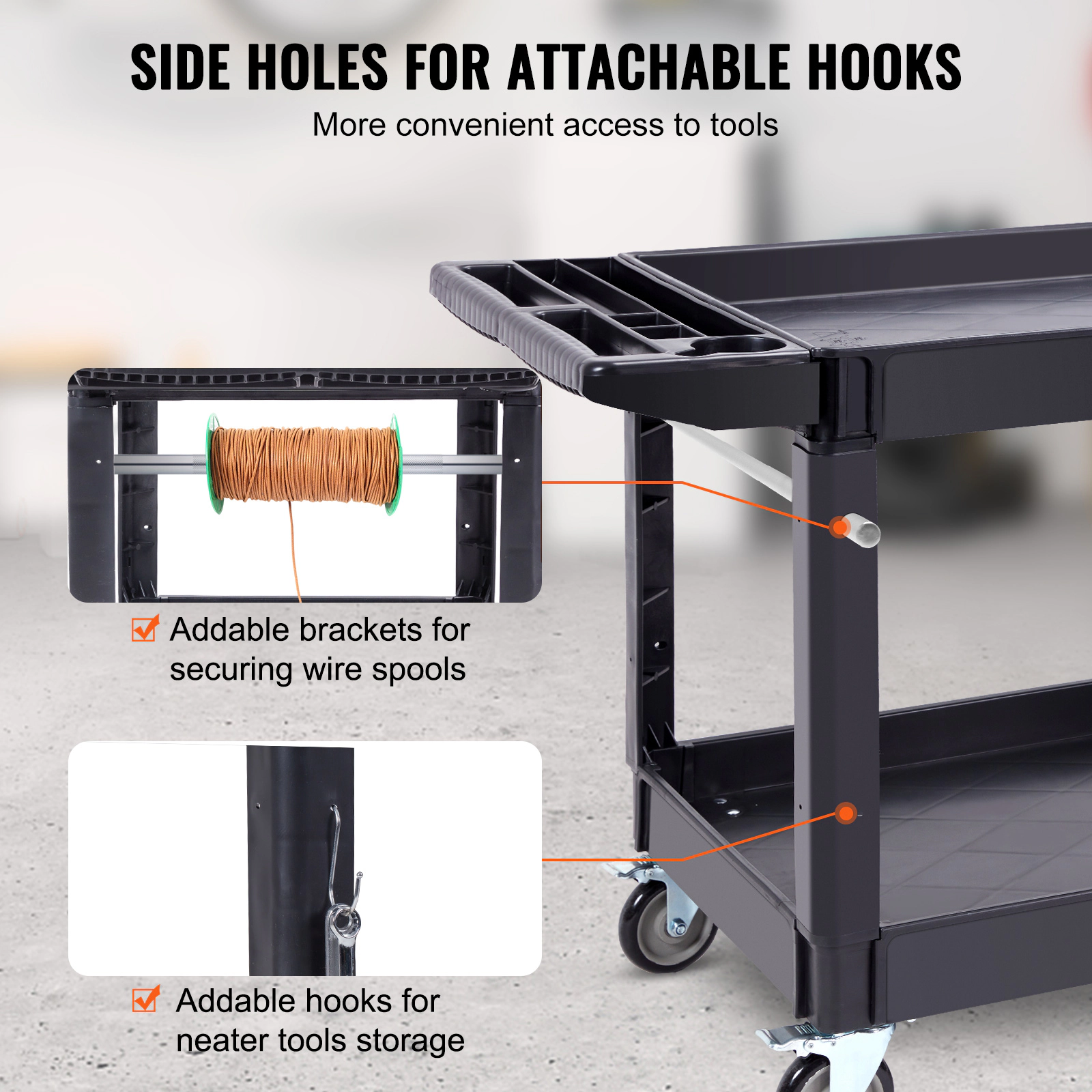 HONGGE Utility Cart Service Cart Heavy Duty Plastic Utility Cart with 360° Swivel Wheels with for
