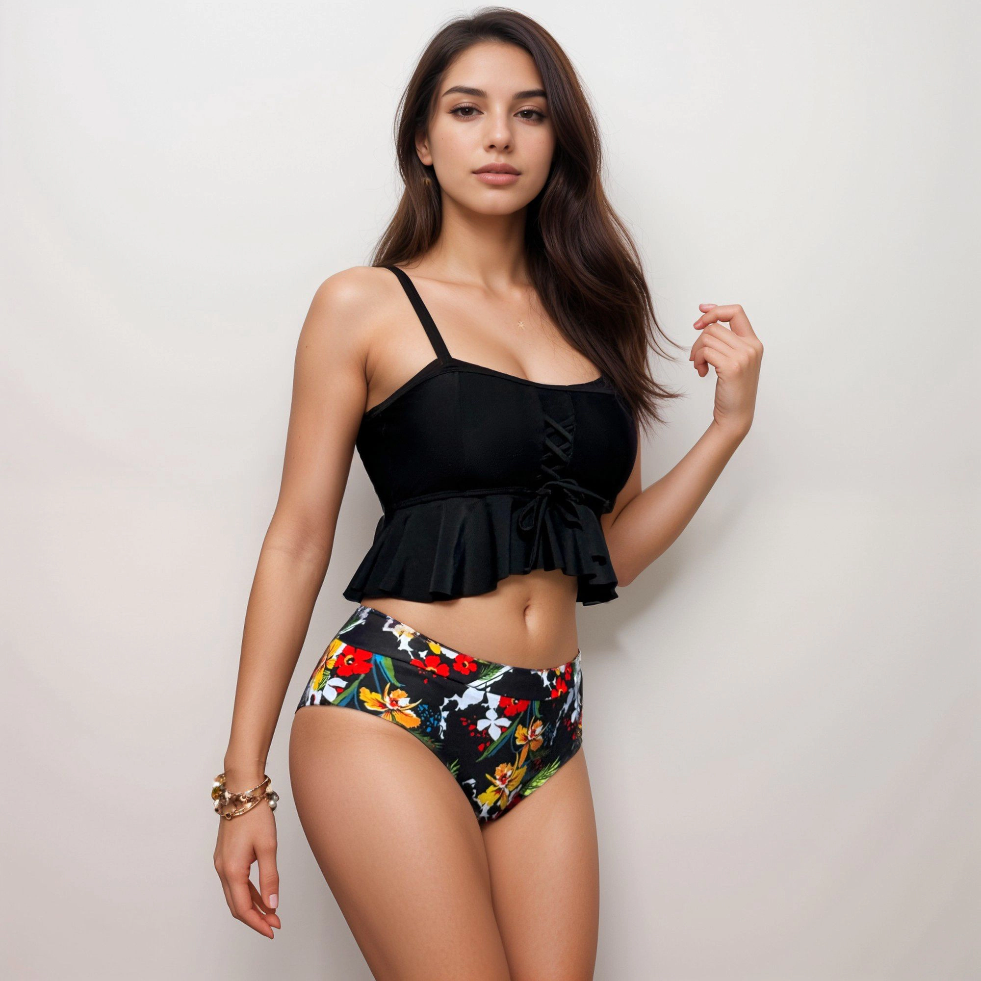 Anna-Kaci Women Lace-Up Ruffle Tankini with High-Waist Floral Bottoms