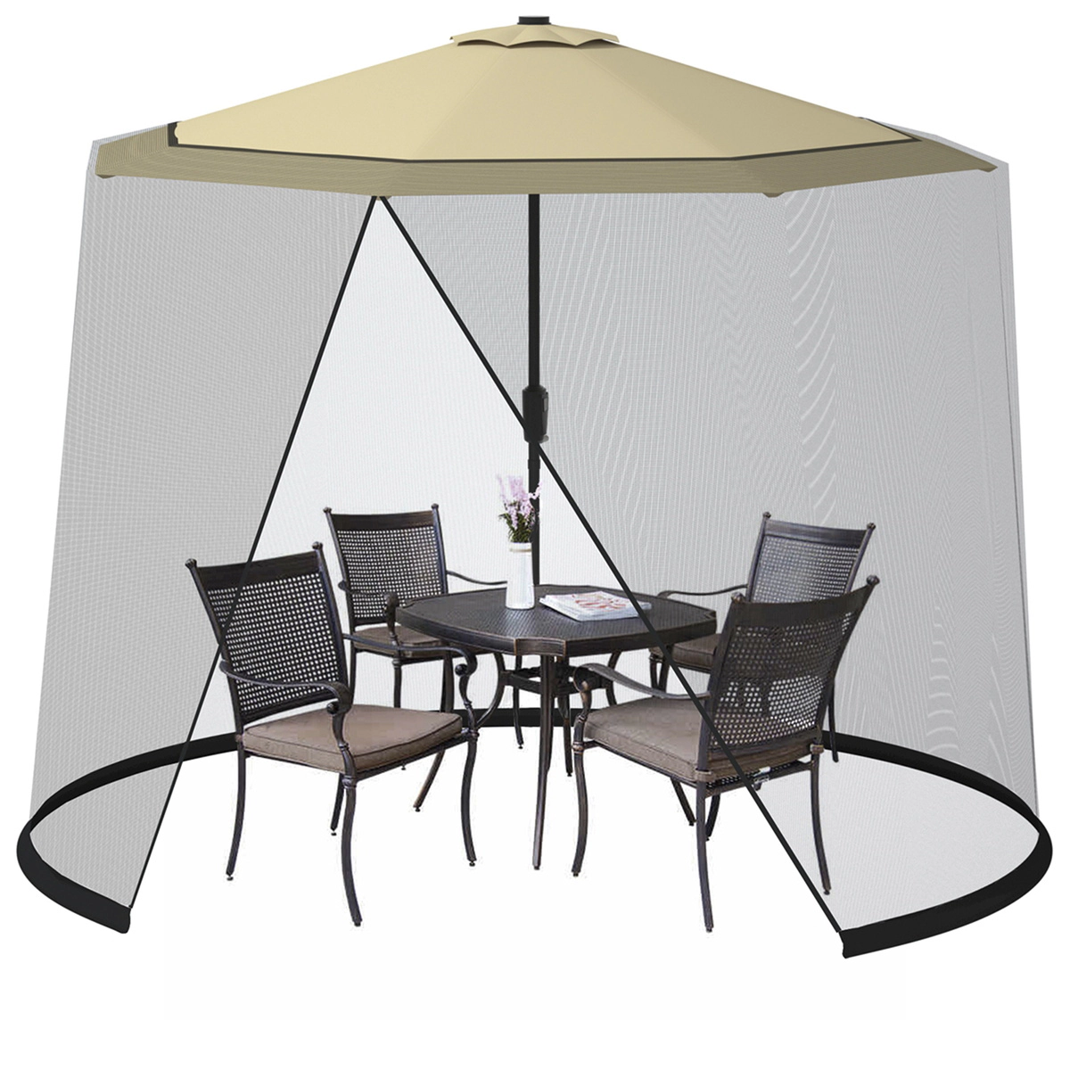 SUGIFT Mesh Umbrella Table Screen Mosquito Bug Insect Net for 9-10 ft Outdoor Umbrellas 7-ft Tall 2.4-lb Black