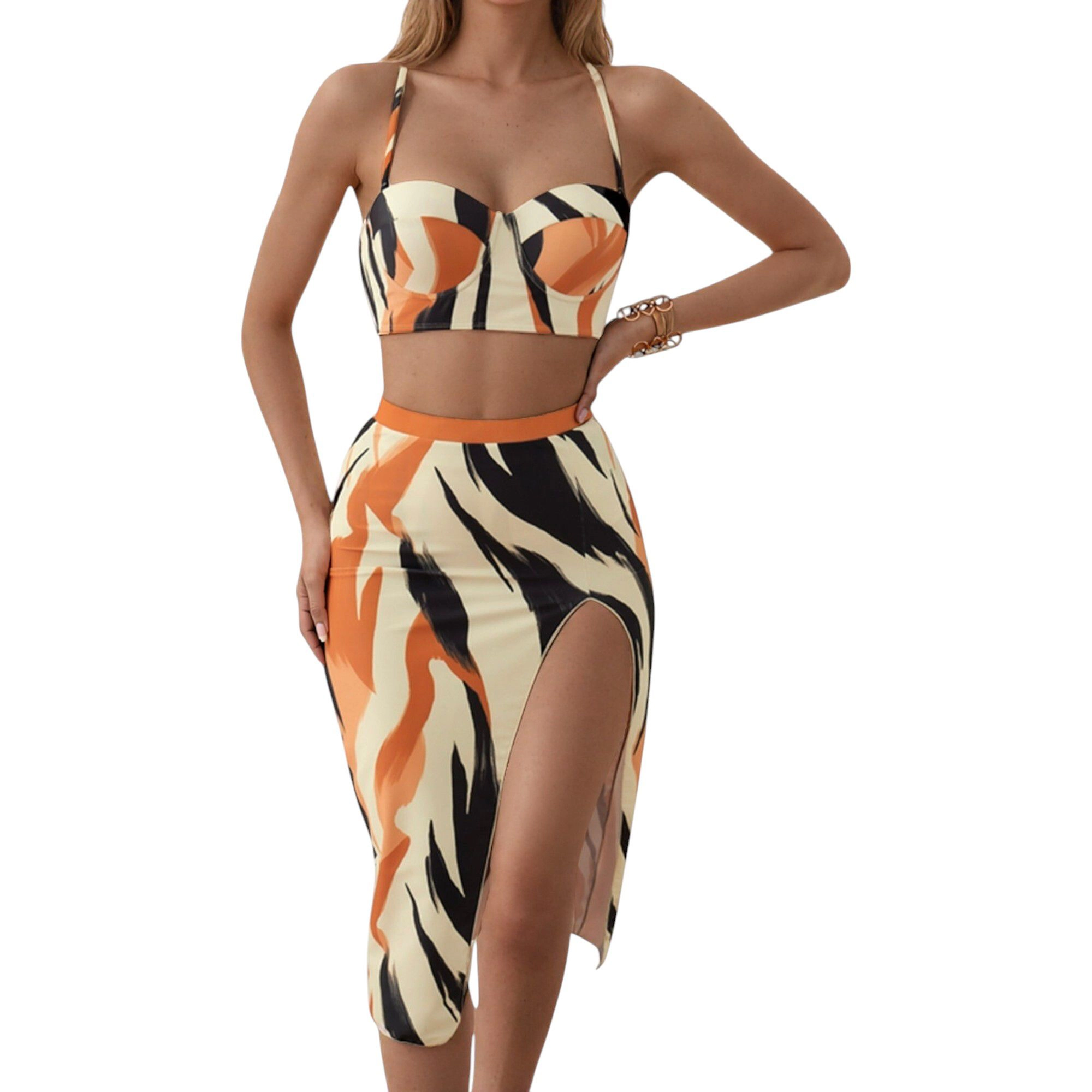 Anna-Kaci Women's 3-Piece Swimsuit Set with Bikini Top High Waist Bottom and Matching Side Slit Skirt Cover-Up