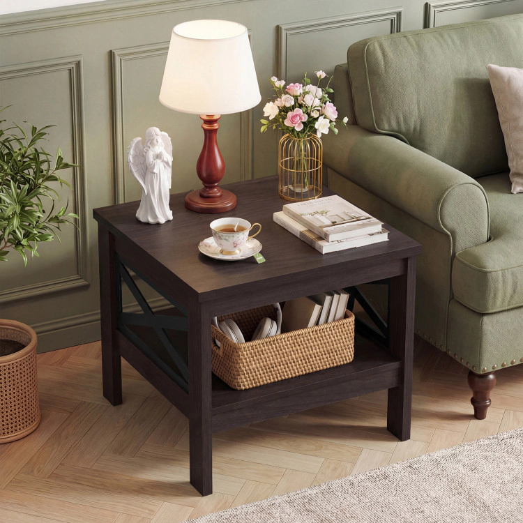 Hivvago 2-Tier Square Side Table With Storage Shelf And X-Frame For Bedroom Living Room