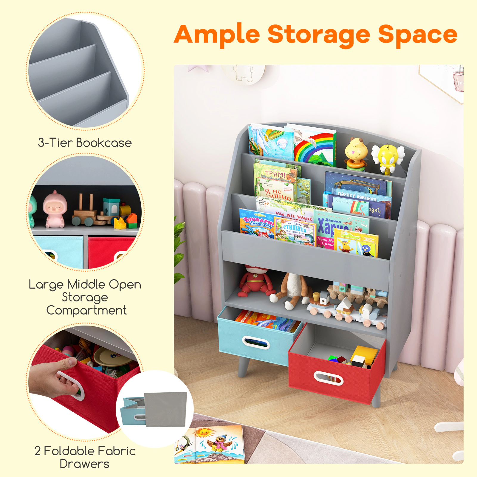 SUGIFT Gray 220-lb 3-Tier Kids Bookshelf and Toy Storage Organizer with 2 Foldable Fabric Drawers