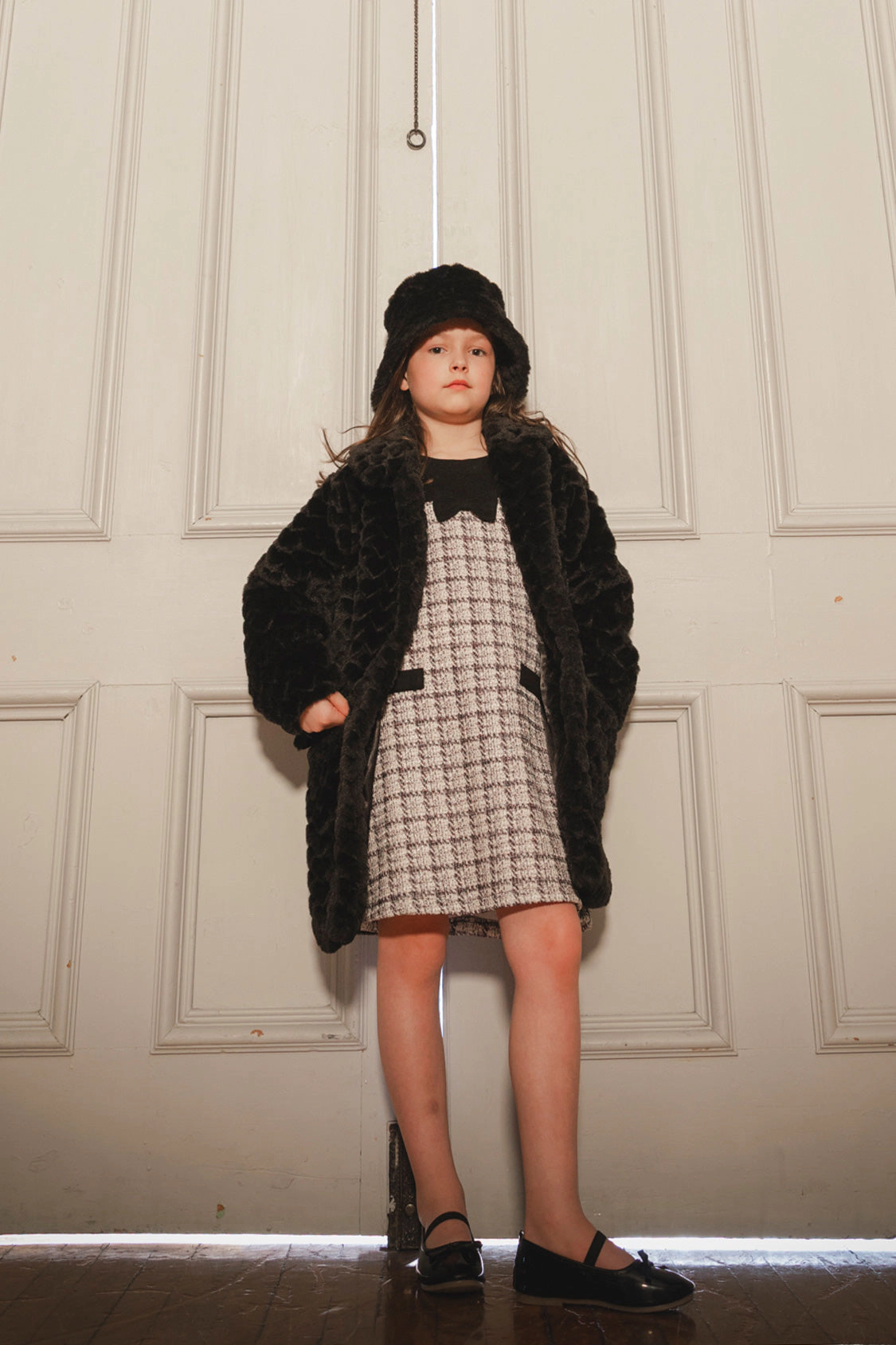 Deux par Girls Button Front Textured Heart Pattern Faux Fur Long Coat