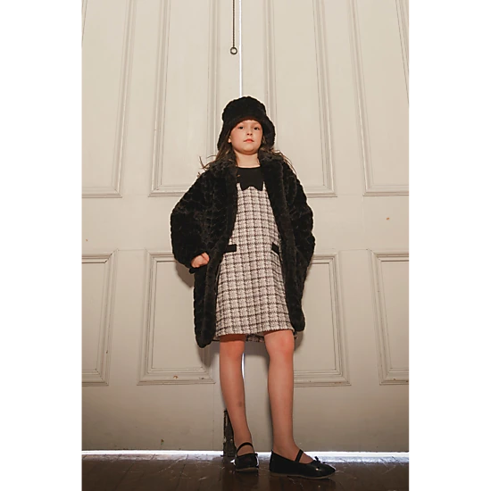 Deux par Deux Girls Button Front Textured Heart Pattern Faux Fur Long Coat