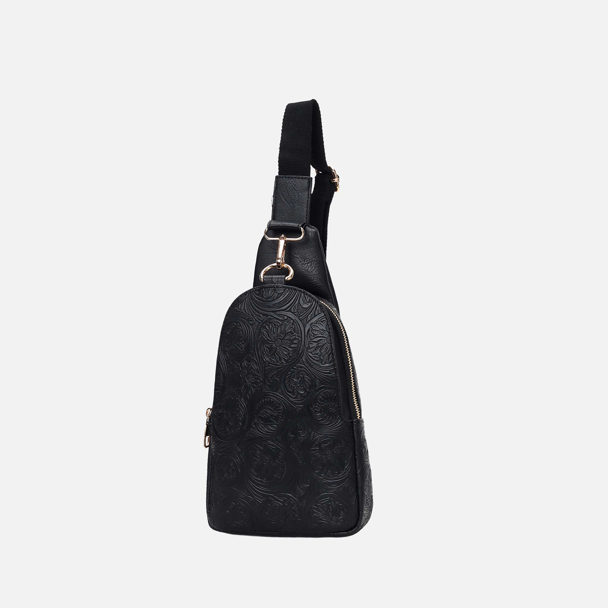 Mia K Collection Millie Floral Embossed Vegan Leather Sling Bag, Black