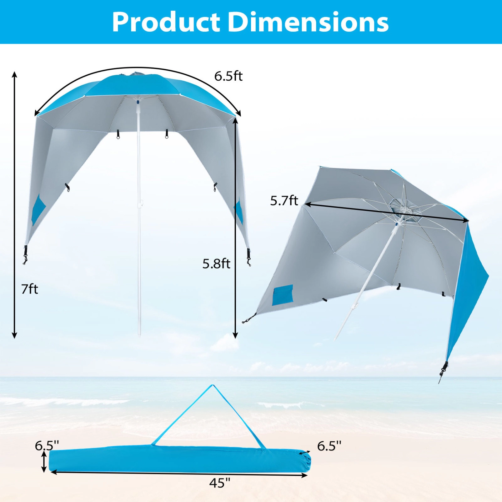 SUGIFT 2-in-1 Beach Shelter Umbrella UPF 50+ with Side Panels for Camping Picnic Blue/Turquoise