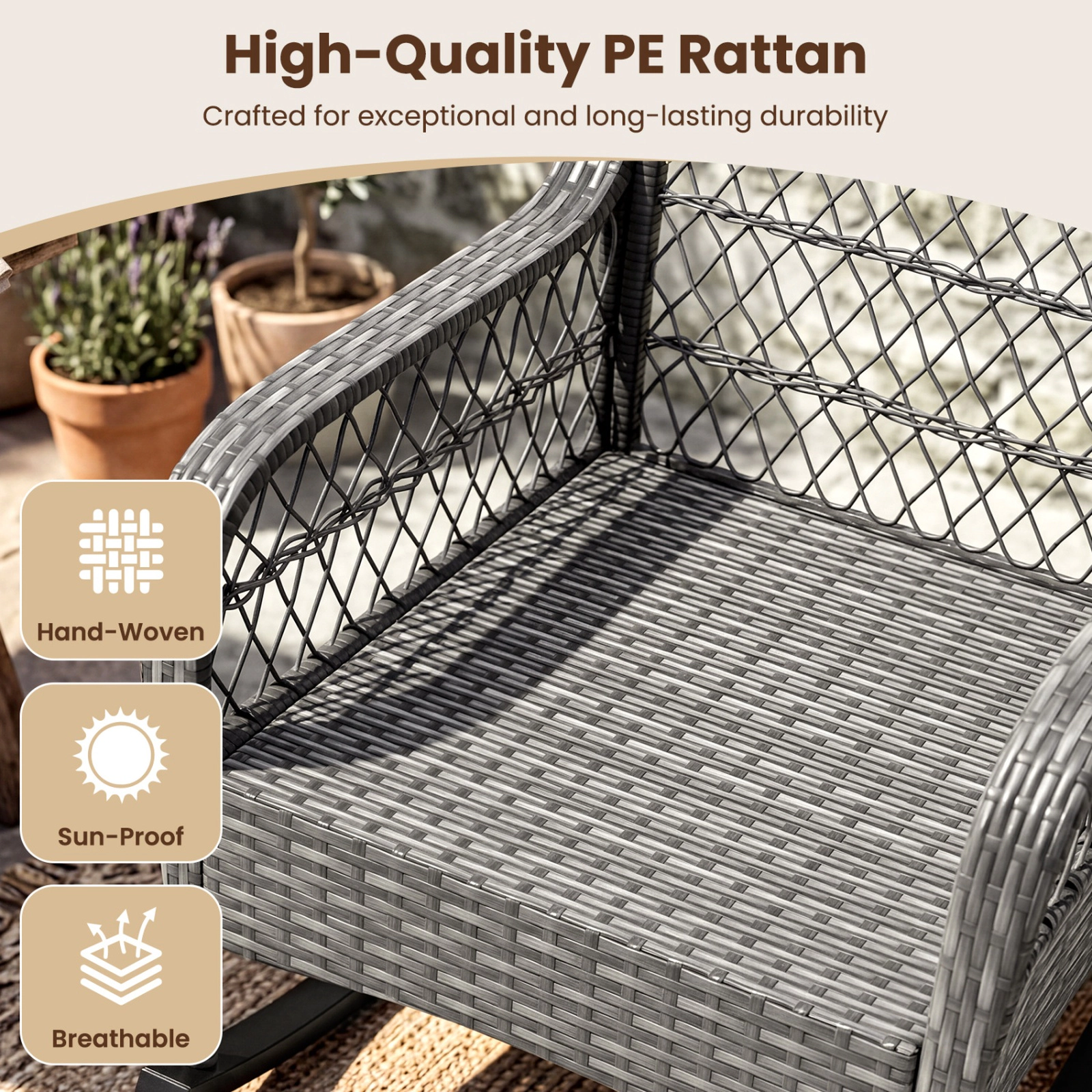SUGIFT 400-lb Capacity Patio Rattan Rocker Chair with Anti-Tip Stoppers and Cushions 25-in Wide 34-in Tall Porch Gray