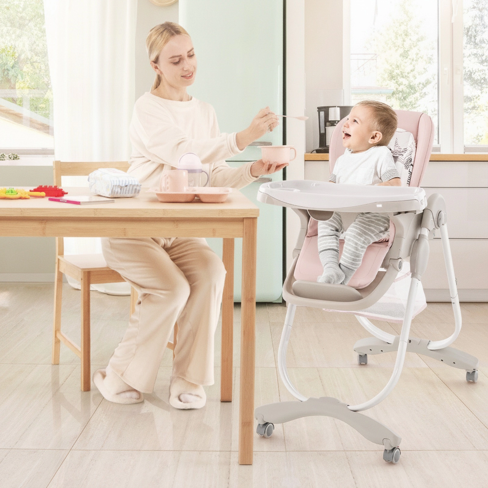 Folding Baby High Chair BPA-Free Heat-Resistant Dishwasher-Safe Tray Adjustable Backrest Footrest 6 to 36 Months Pink