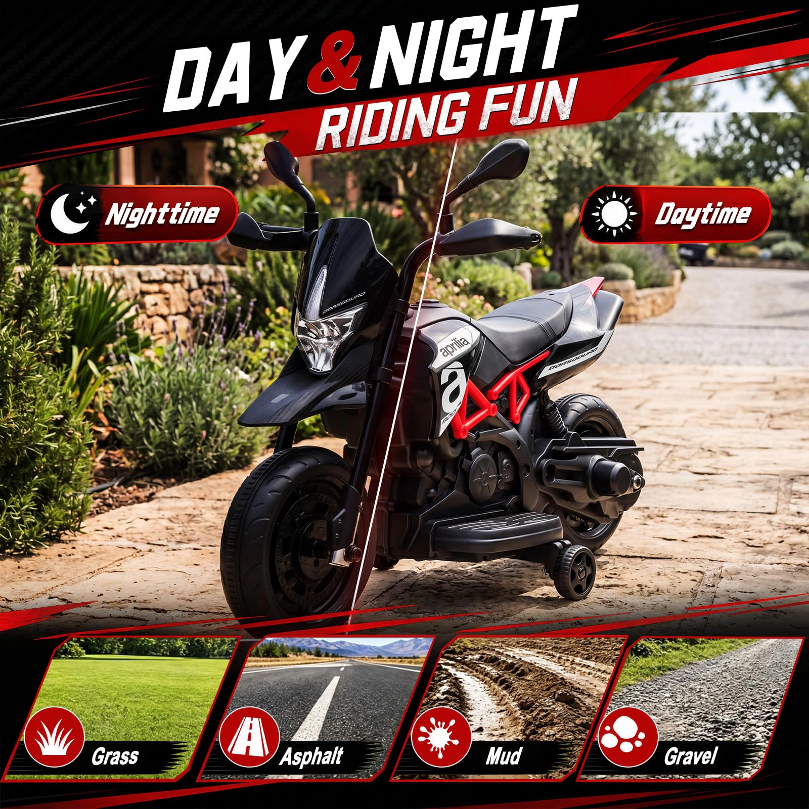 6V Kids Electric Motorcycle with Training Wheels, Dirt Bike Style Ride On Toy Headlight, Music & USB Port