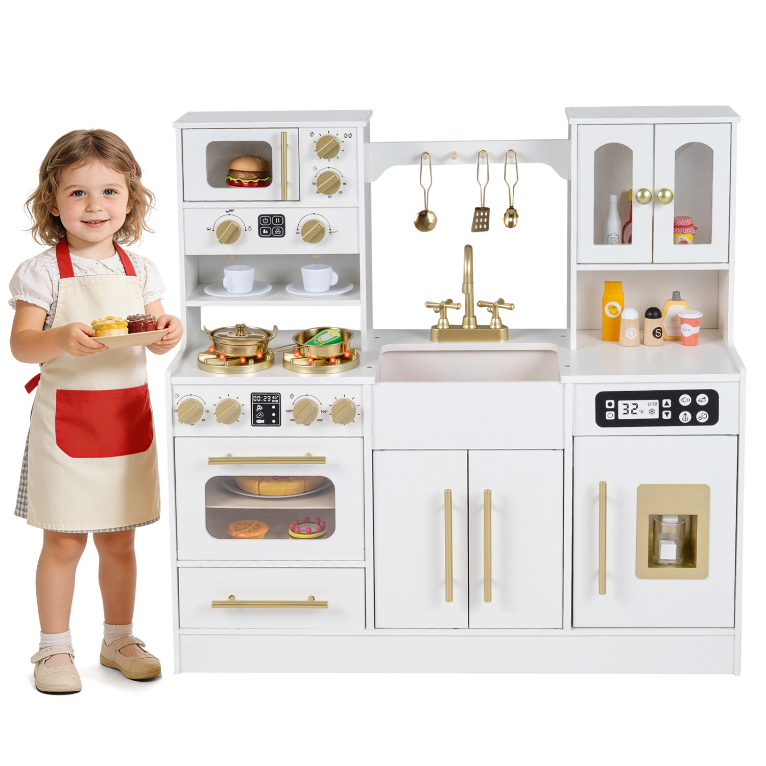 LJG Wooden Kids Kitchen Playset with Realistic Lights and Sounds