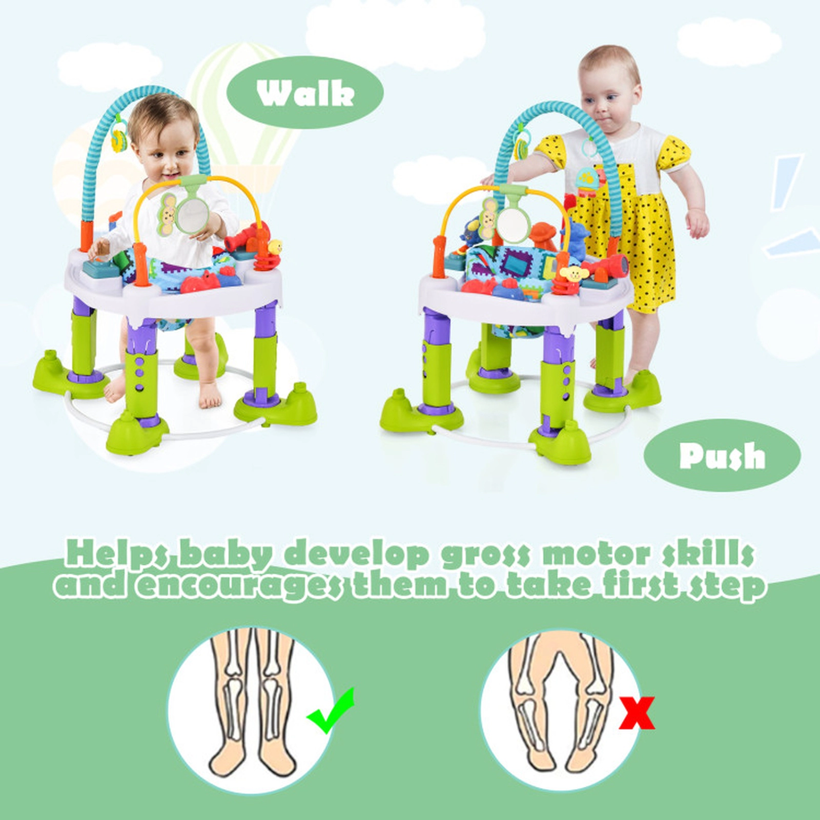 SUGIFT Baby Green 4-in-1 Bouncer Activity Center with 3 Heights and Play Mat 32.5-in Dia 25-lb Seat Capacity