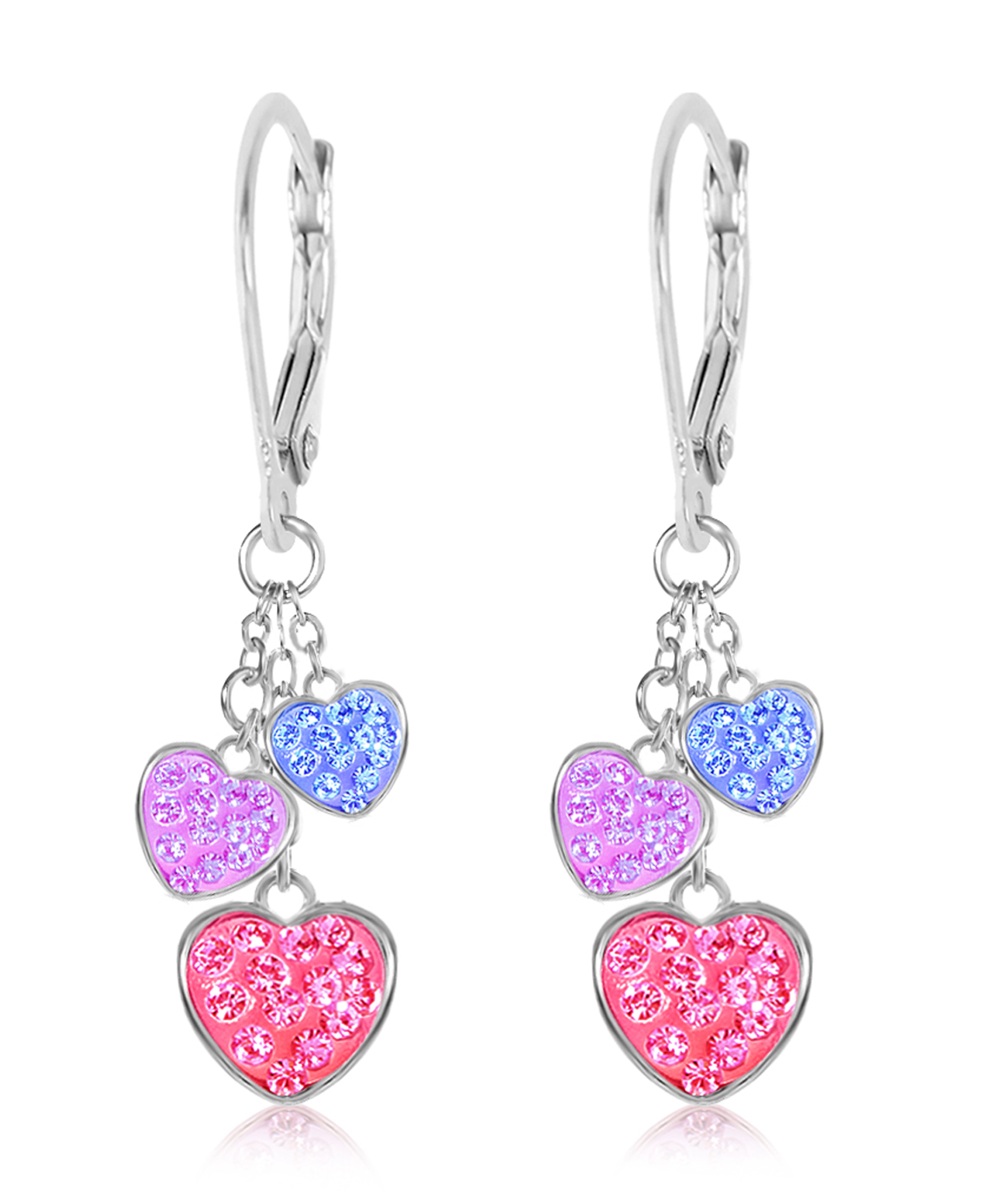 CHANTEUR Kids Heart Dangle Earrings - White Gold Palladium with Pink Cubic Zirconia, Leverback, Nickel/Lead/Cadmium Free