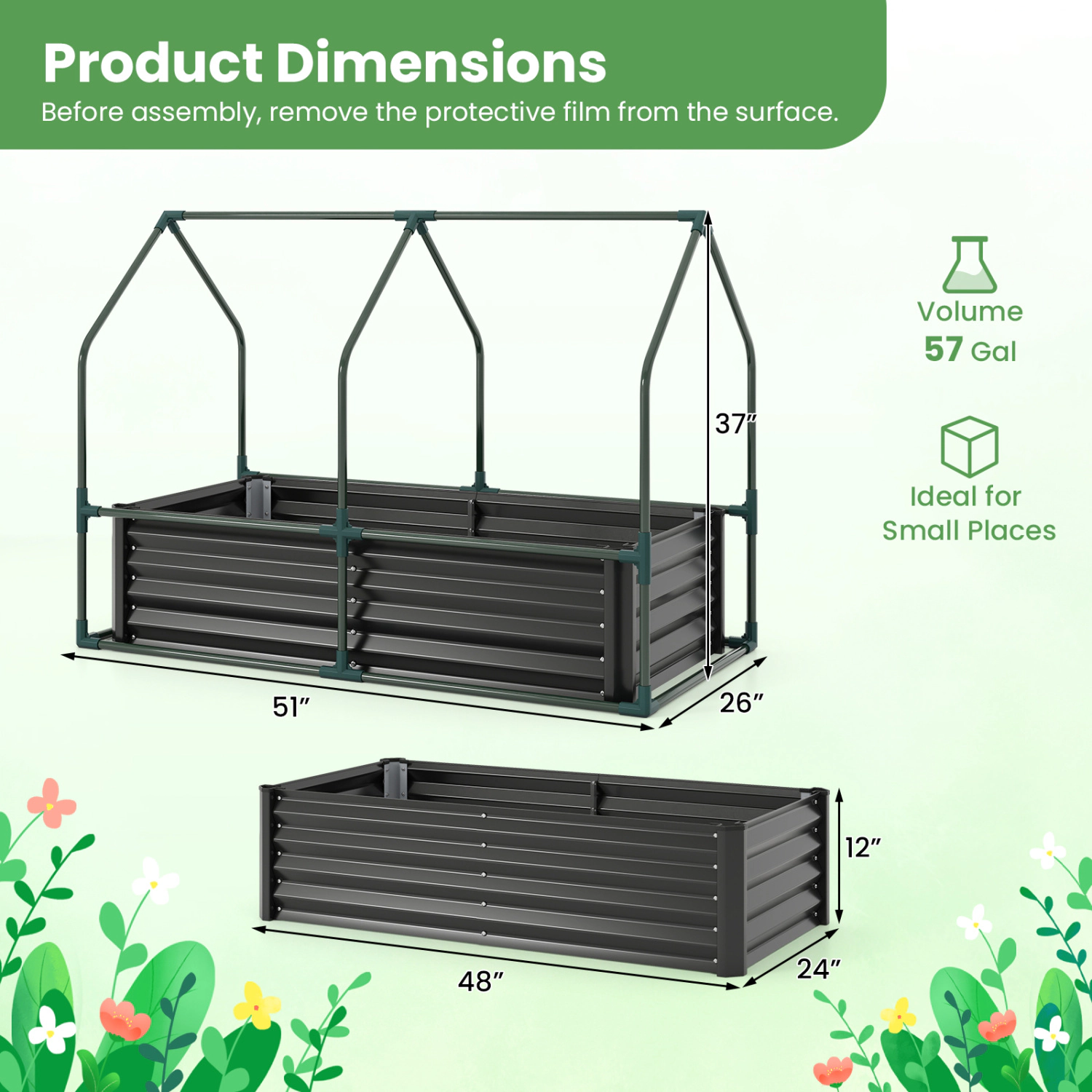 LJG 4 x 2 3 Feet Small Galvanized Raised Garden Bed with Greenhouse Cover