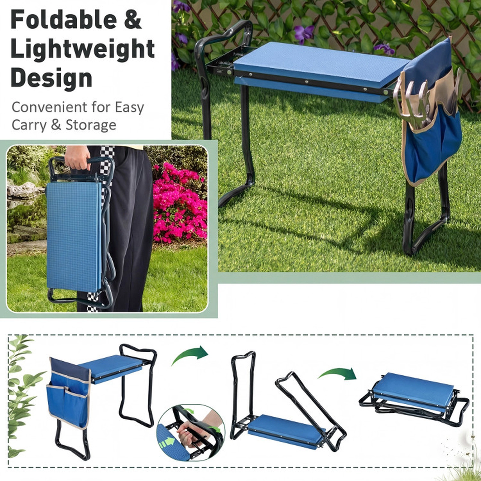 SUGIFT Folding Steel Frame Handle EVA Seat Pad Garden Kneeler Stool 23-in x 11-in x 19.5-in 300-lb Capacity Blue
