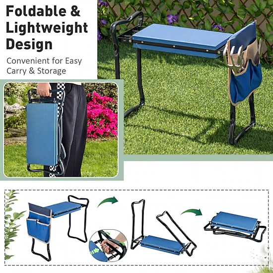 SUGIFT Folding Steel Frame Handle EVA Seat Pad Garden Kneeler Stool 23-in x 11-in x 19.5-in 300-lb Capacity Blue