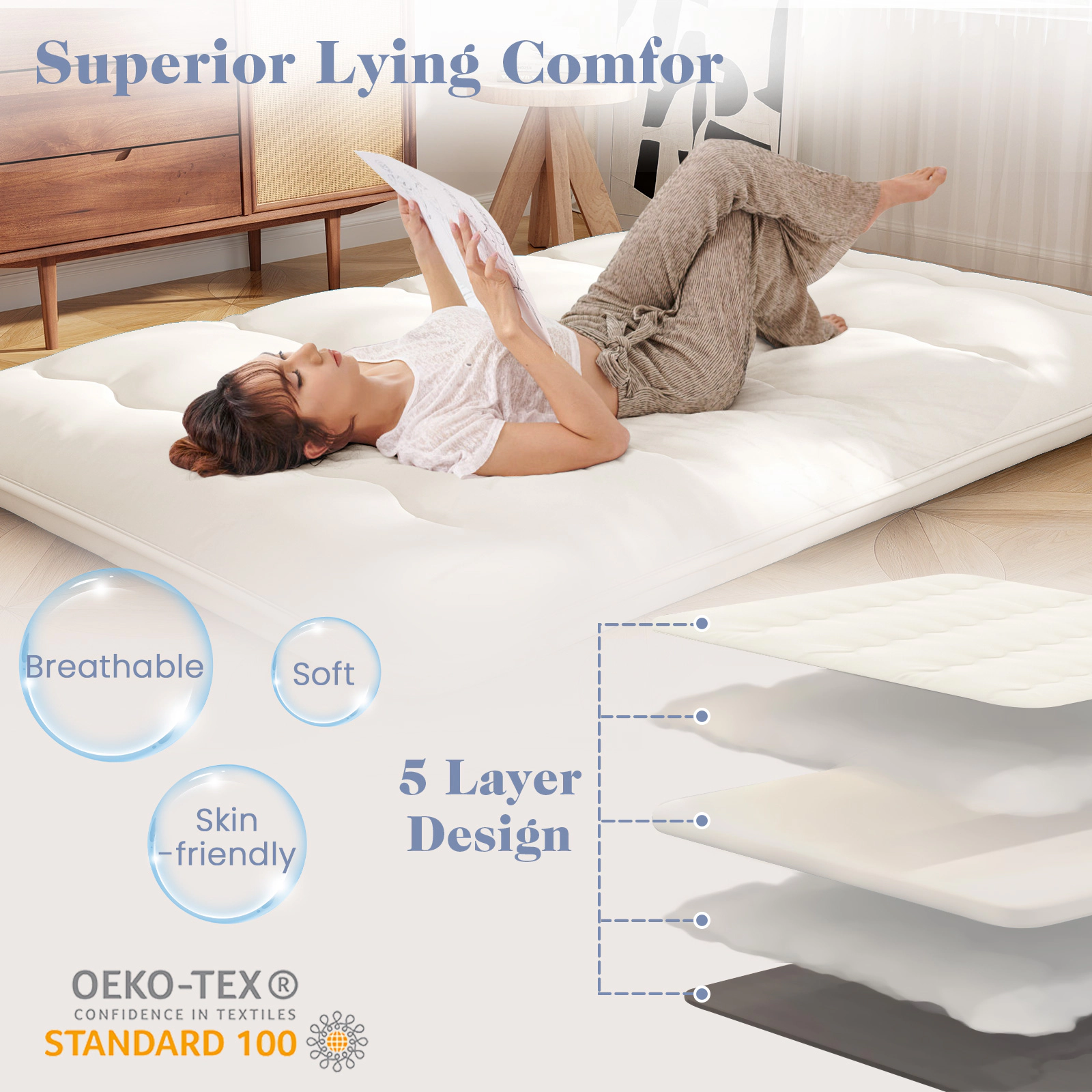 SUGIFT Twin Beige Japanese Floor Futon Mattress, 4-Inch Thick, 5-Layer Quilted Sleeping Pad