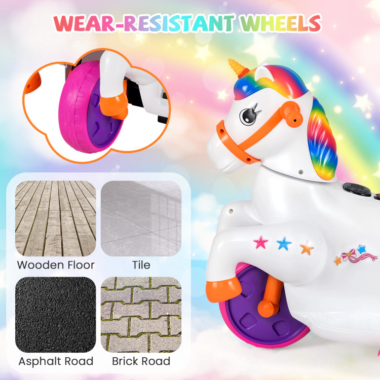 Hivvago 12V Unicorn Ride on Toy with Training Wheels and Horse Riding Mode
